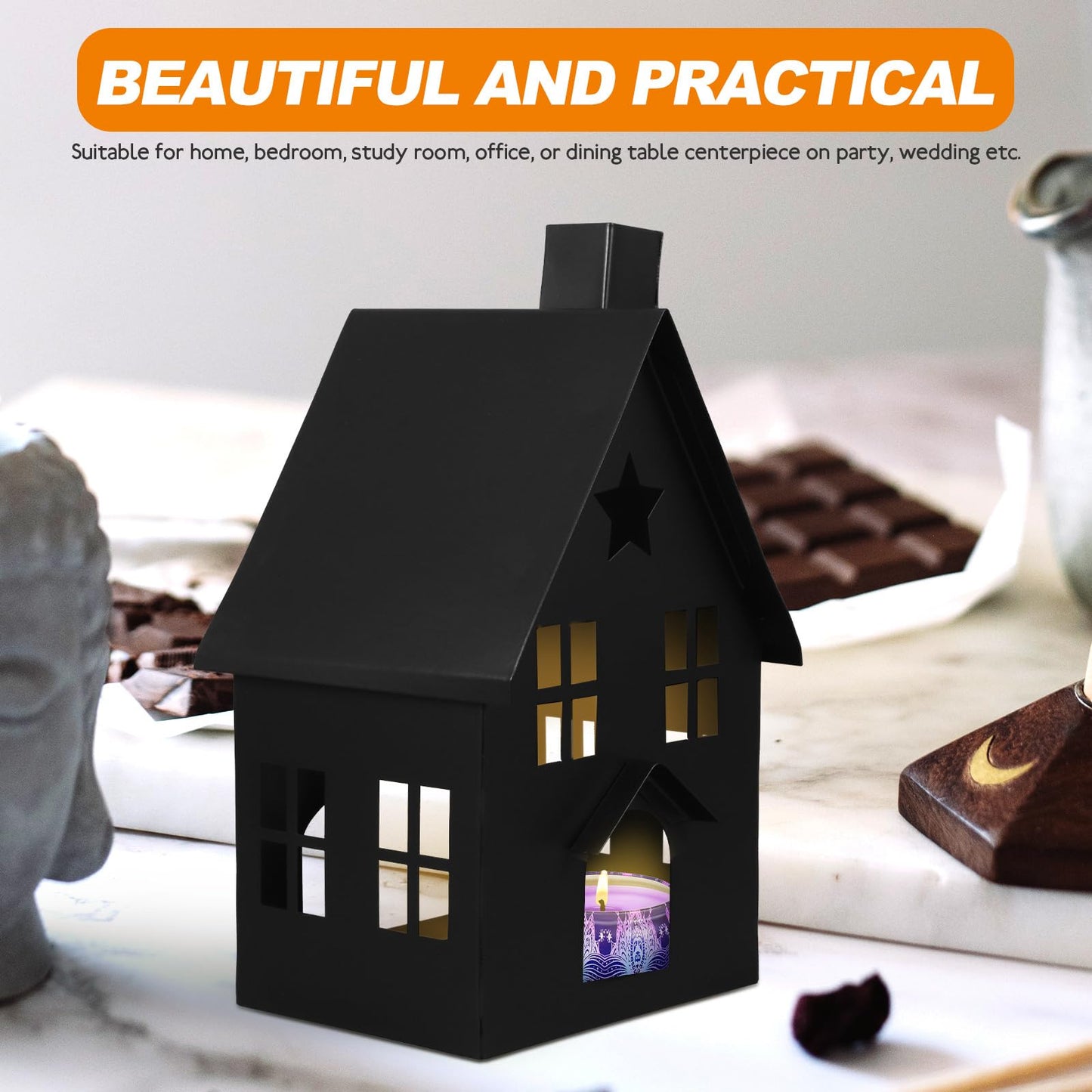 House Tea Light Holder Gothic Decor House Shape Candle Holder Rustic Candlestick Tea Light Stand Votive Candle Lantern for Home Farmhouse Dining Table Black Pillar Candle Holder