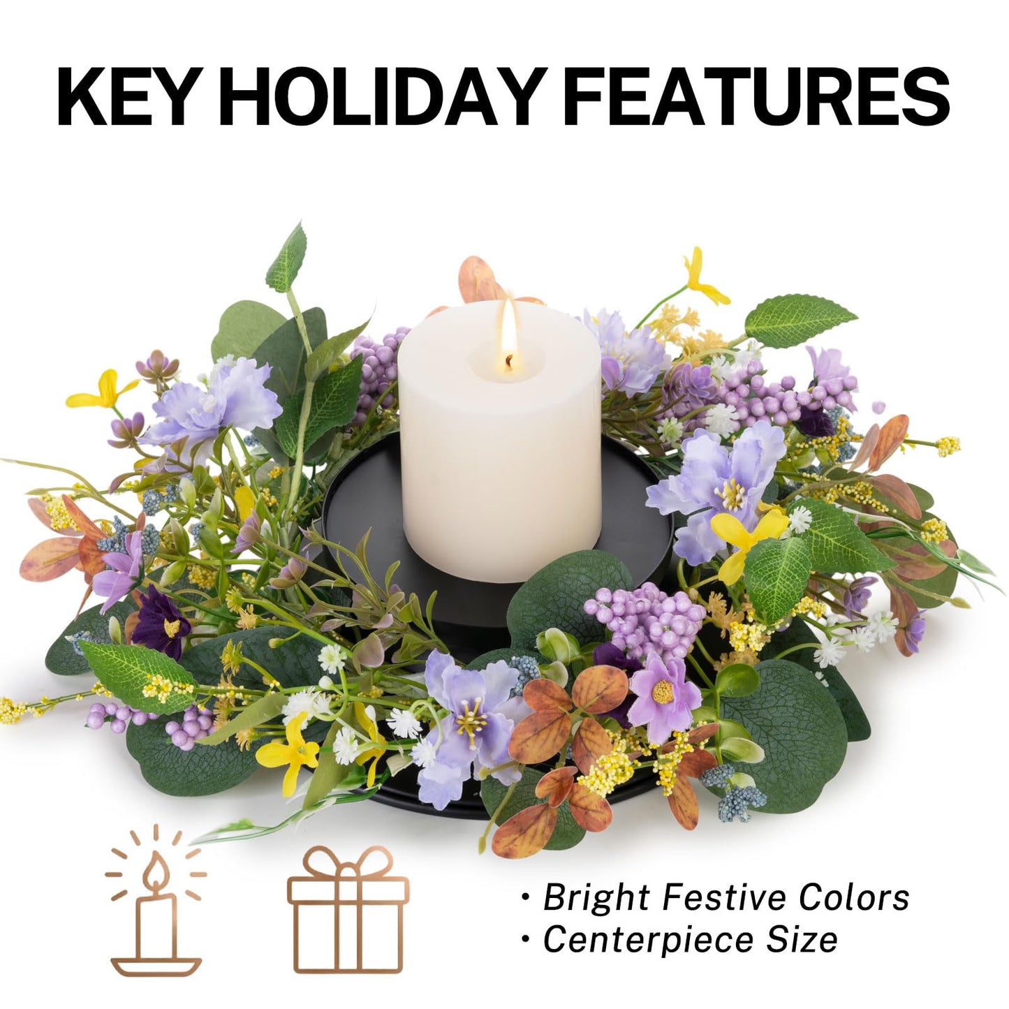MOYEE Summer Candle Holder Centerpieces for Tables,Candle Ring, Black Metal Candlestick with an Artificial Wreath 14 in Versatile Dining Table Centrepiece (Purple Foam Flower Wreath)