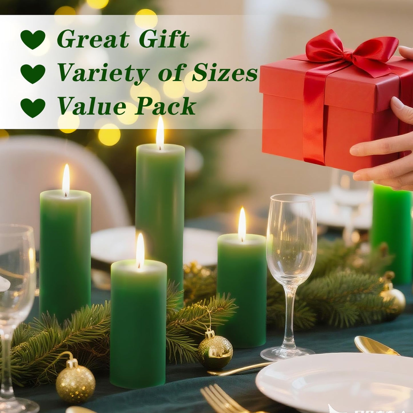 Veiuwa 36 Pcs Green Pillar Candles Bulk Set,Hurricane Candles,3 Different Lengths (12 Each),Dripless Unscented Smokeless,Gives You a Better Atmosphere When Organizing Wedding or Event Party.