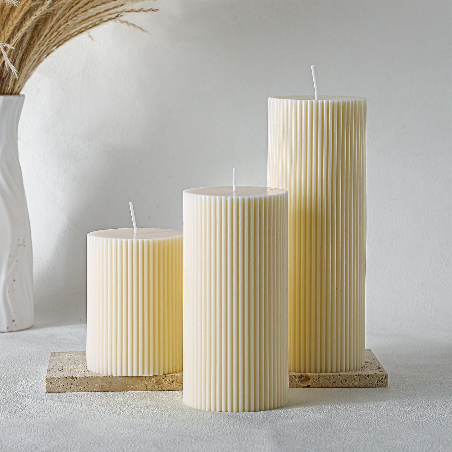 Conelist Ribbed Pillar Candles Set of 3, Width 3" High 4" 6" 8" Large Soy Wax Orchids Scented Pillar Candles Aesthetic Ribbed Modern Home Decor for Bathroom Living Room(Cream)