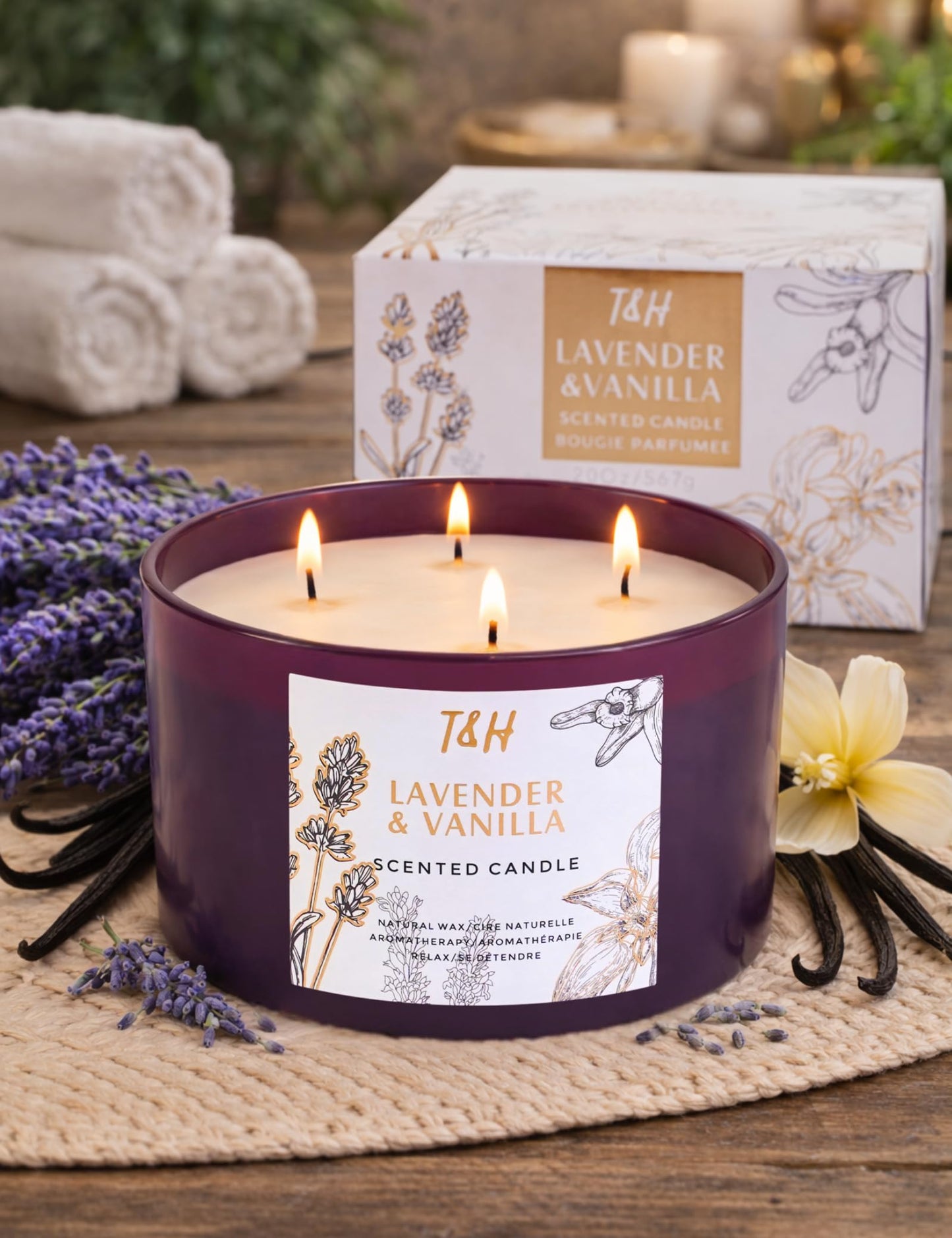 Lavender Vanilla Candle | 4 Wick Extra Large Scented Soy Candles 20 oz | Highly Scented Aromatherapy Lavender Candle for Women | Relaxing Stress Relief Home Scent | Long Lasting Clean Burn