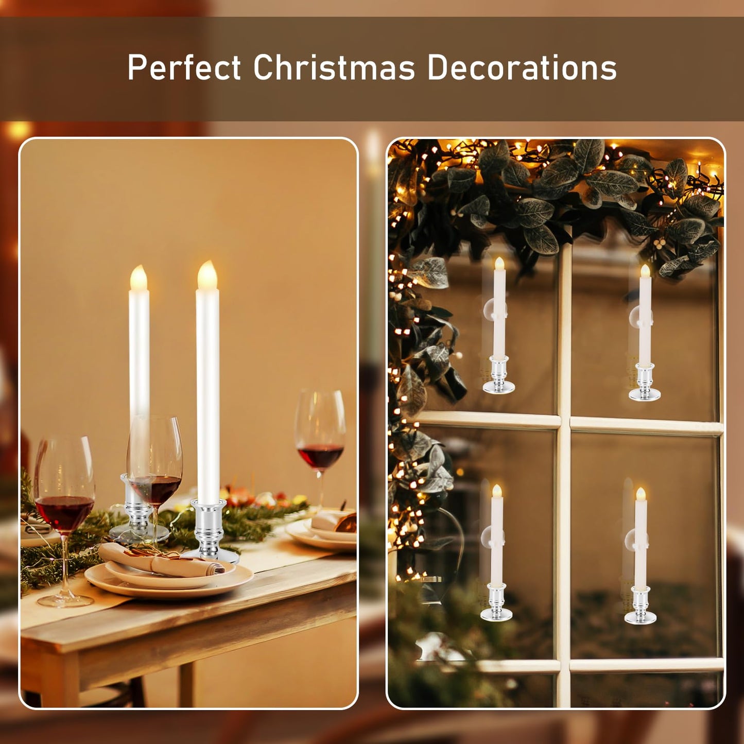 Qmioti 8 Pack Christmas Window Candles, Battery Operated Window Candles with Timer Remote, LED Window Candle with Candle Holders Suction Cups for Christmas Decorations, Silver
