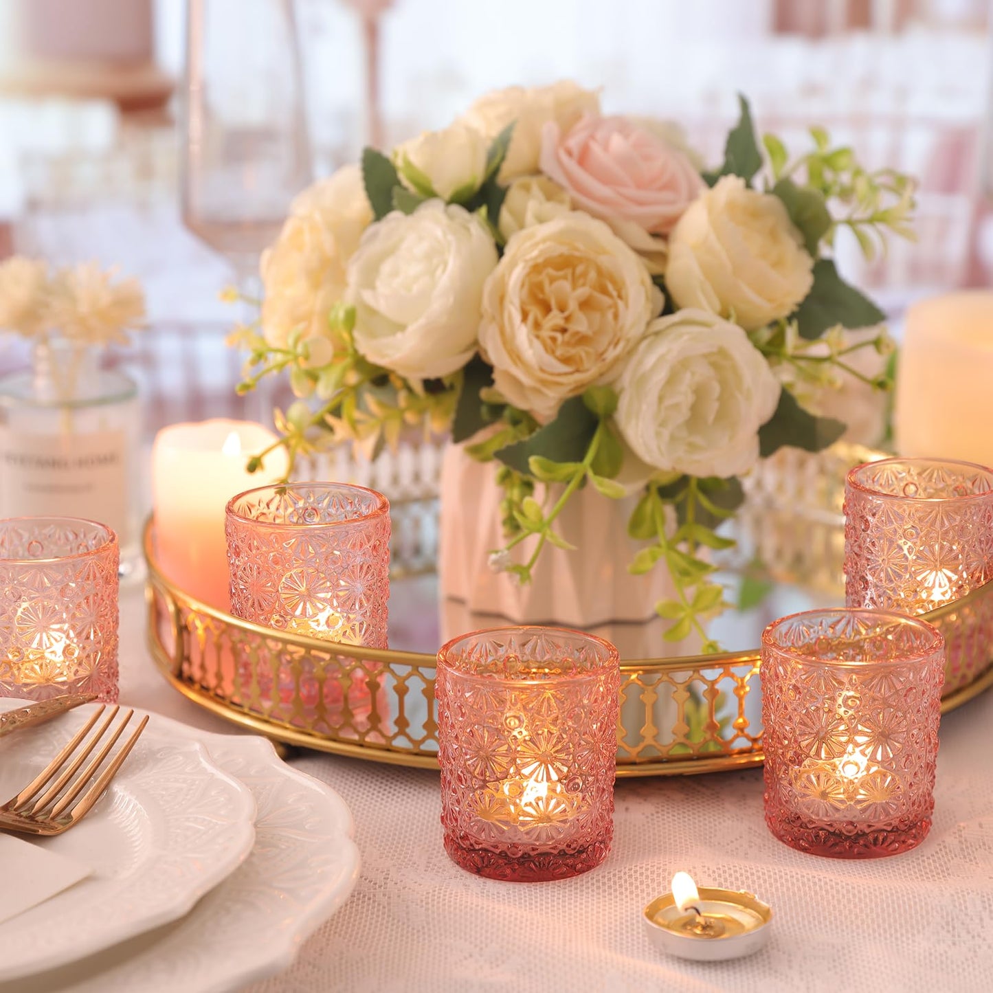 Lanttu Pink Votive Candle Holder Set of 12, Flower Tea Lights Candles Holders for Wedding Table Centerpieces, Birthday Parties, Anniversary, Pink Bridal Shower and Holiday Decorations