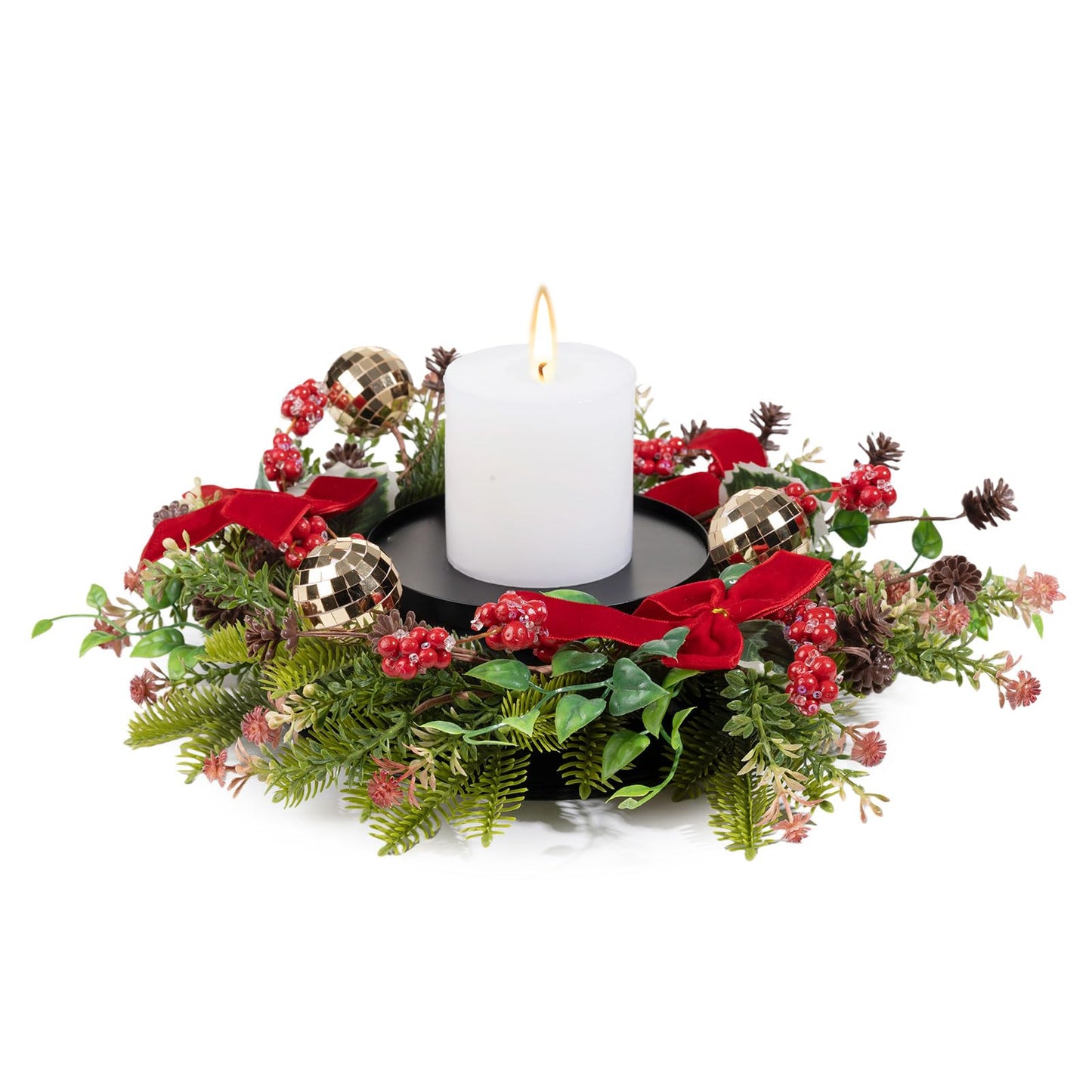 MOYEE Winter Christmas Candle Holder Centerpieces for Tables,Candle Ring, Black Metal Candlestick with an Artificial Wreath 14 in Versatile Dining Table Centrepiece (Red Bow Pinecone Wreath)