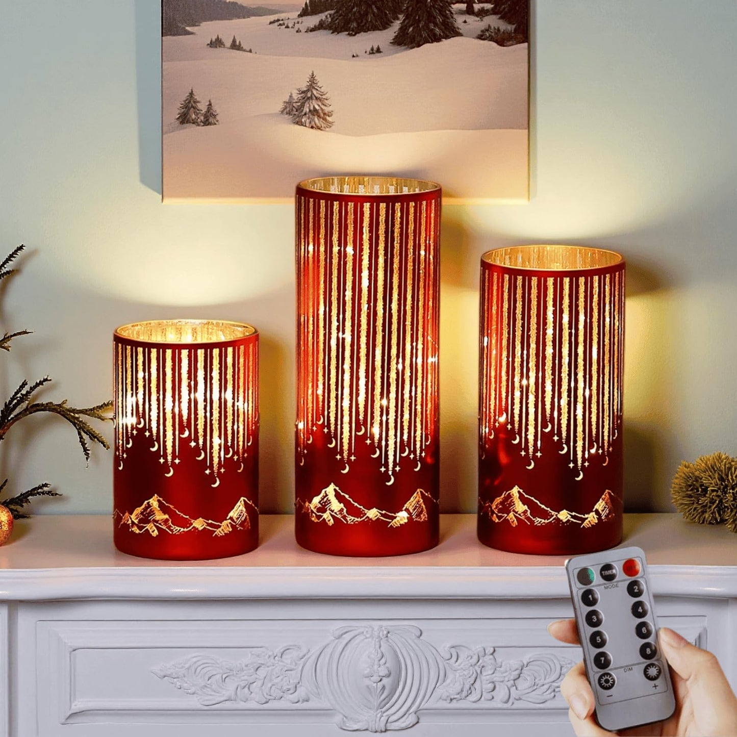 Ashroder Starry Night Elegant Hurricane Candleholders with LED Flickering Lights & Remote Timer, Decorative Glass Hurricanes for Indoor Table Centerpieces & Year-Round Home Decor, Set of 3 (Red)