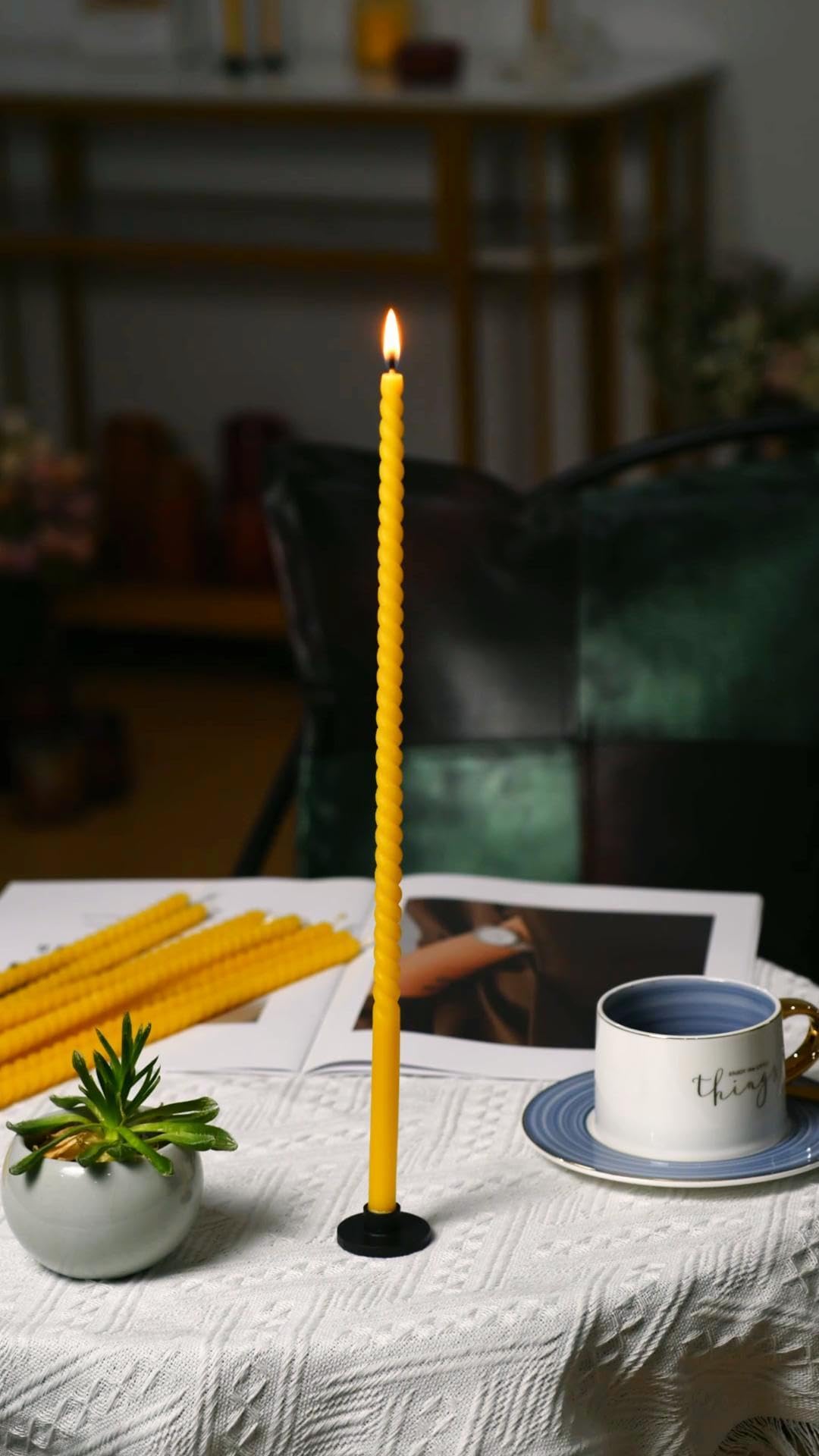 16 Pack 15-Inch Slim Beeswax Taper Candles( 1/2 Inch ) with 2 Holders - Natural Drippless Spiral Thin Church Candle 0.5 inch Diameter, Yellow