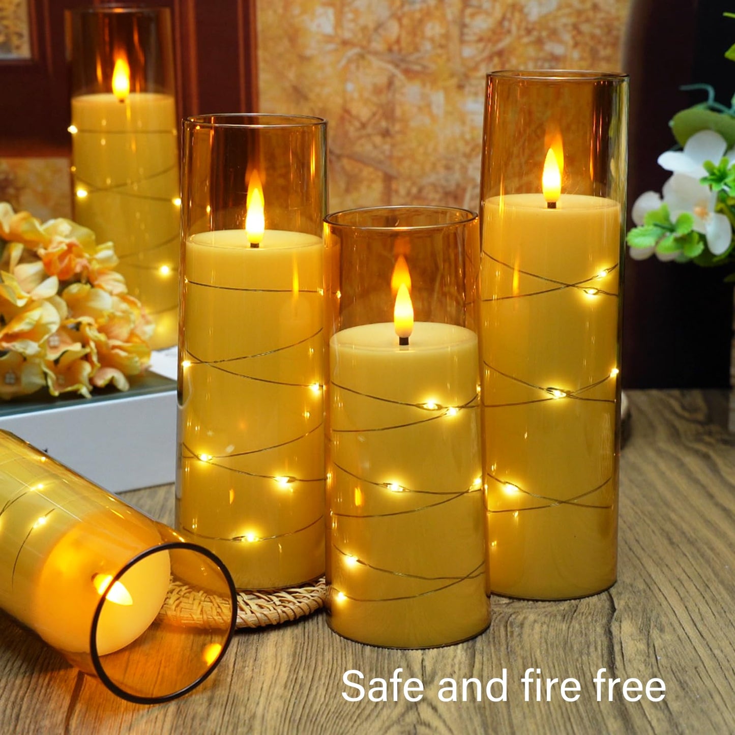 kakoya Flameless LED Candles with Timer 9 Pc Flickering Flameless Candles for Romantic Ambiance and Home Decoration Stable Acrylic Shell,with Embedded Star String,Battery Operated Candles(Gold)