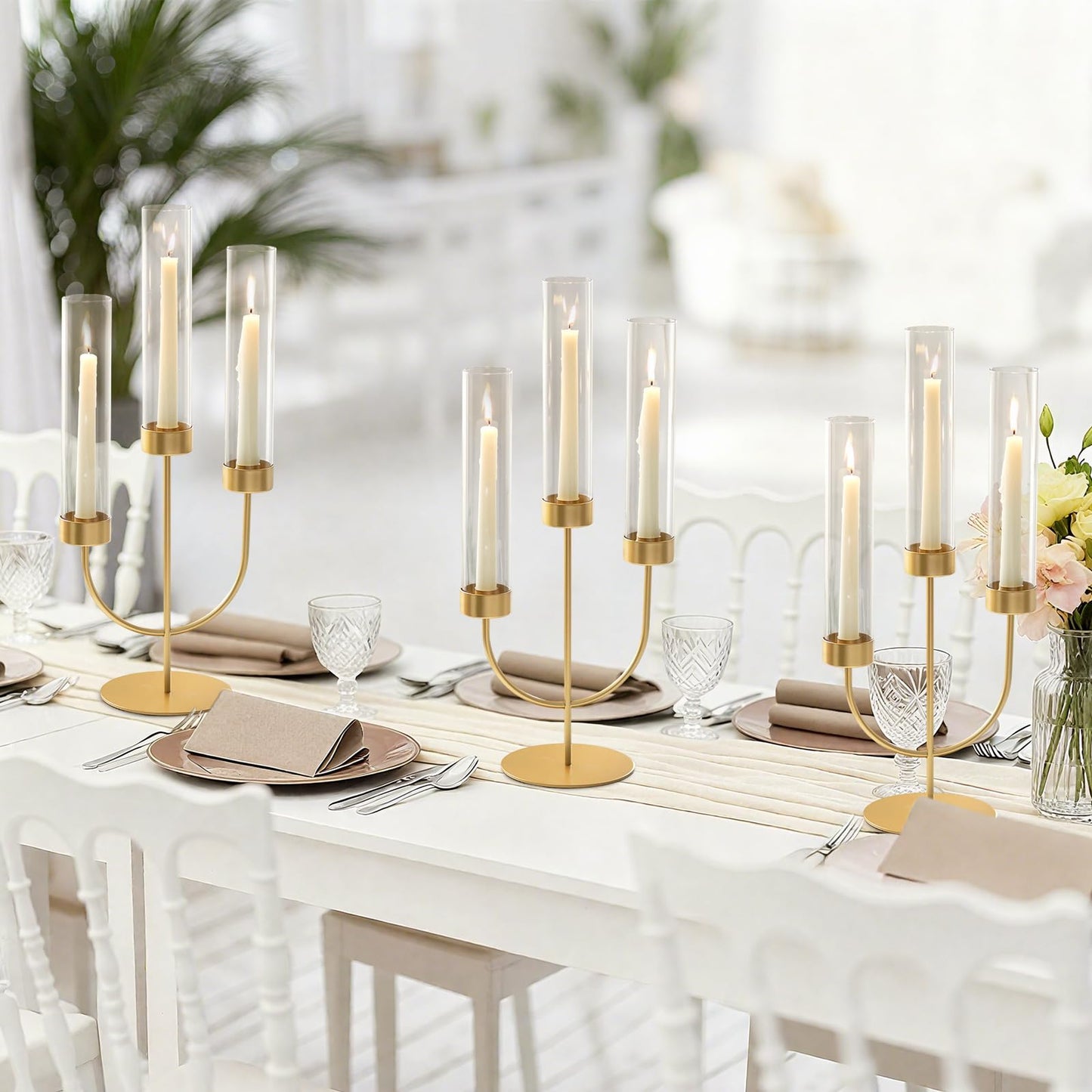 Sziqiqi Gold Candelabra for Wedding Centerpiece: 3 Arm Candle Holders with Cylinder for Taper Candle Stick - Metal Candlestick Holders Set of 2 for Christmas Engagement Table Decor