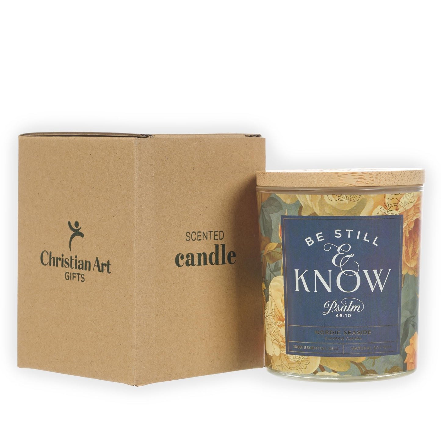 Christian Art Gifts Soy Wax Scented Candle: Be Still & Know Bible Verse, Nordic Seaside Scent, Pure Essential Oils, 4.5 oz, Up to 20 Hours Burn Time, Glass Jar w/Bamboo Lid, Women's Encouragement Gift