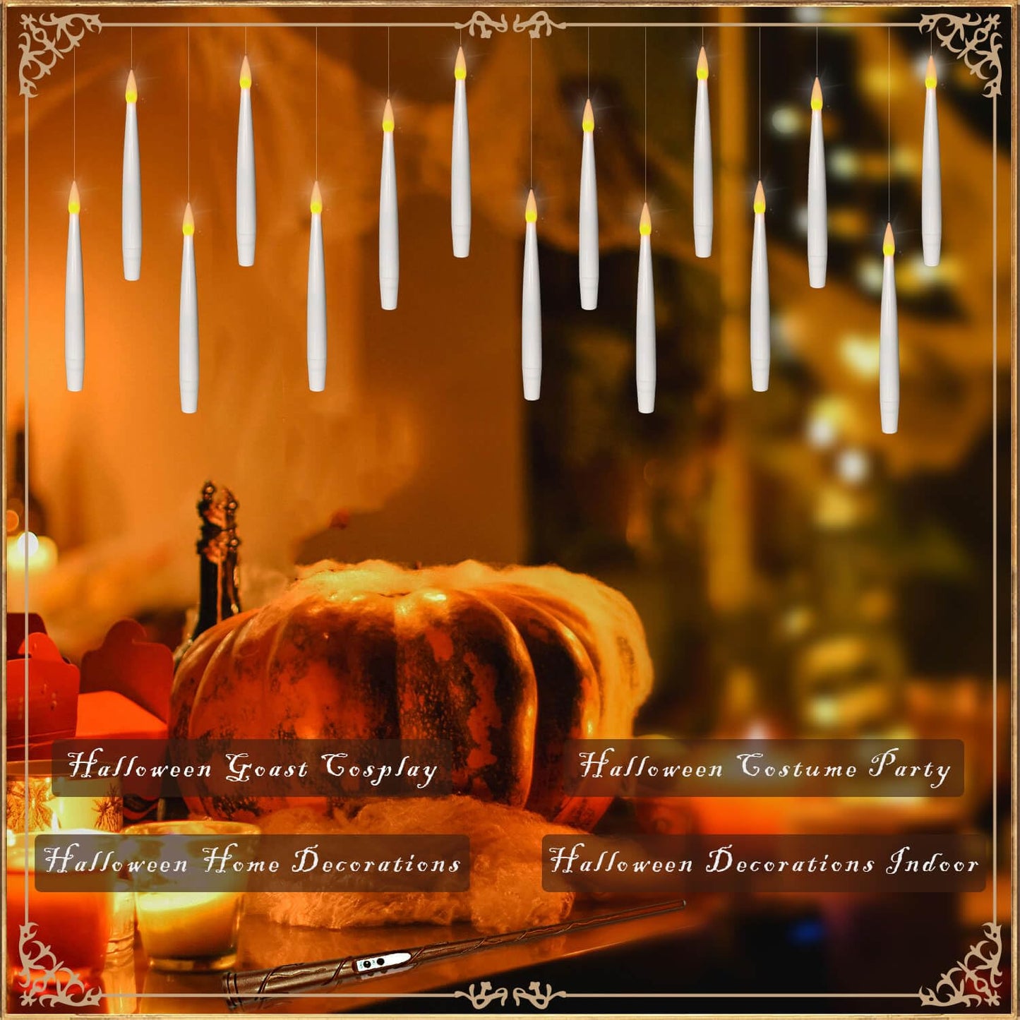Knoste 20pcs Floating Candles with Wand Remote & Realistic Halloween Plastic Spiders, Battery Operated Hanging Flameless Taper Candles, Flickering Warm Light, Party Decor, Birthday Gift