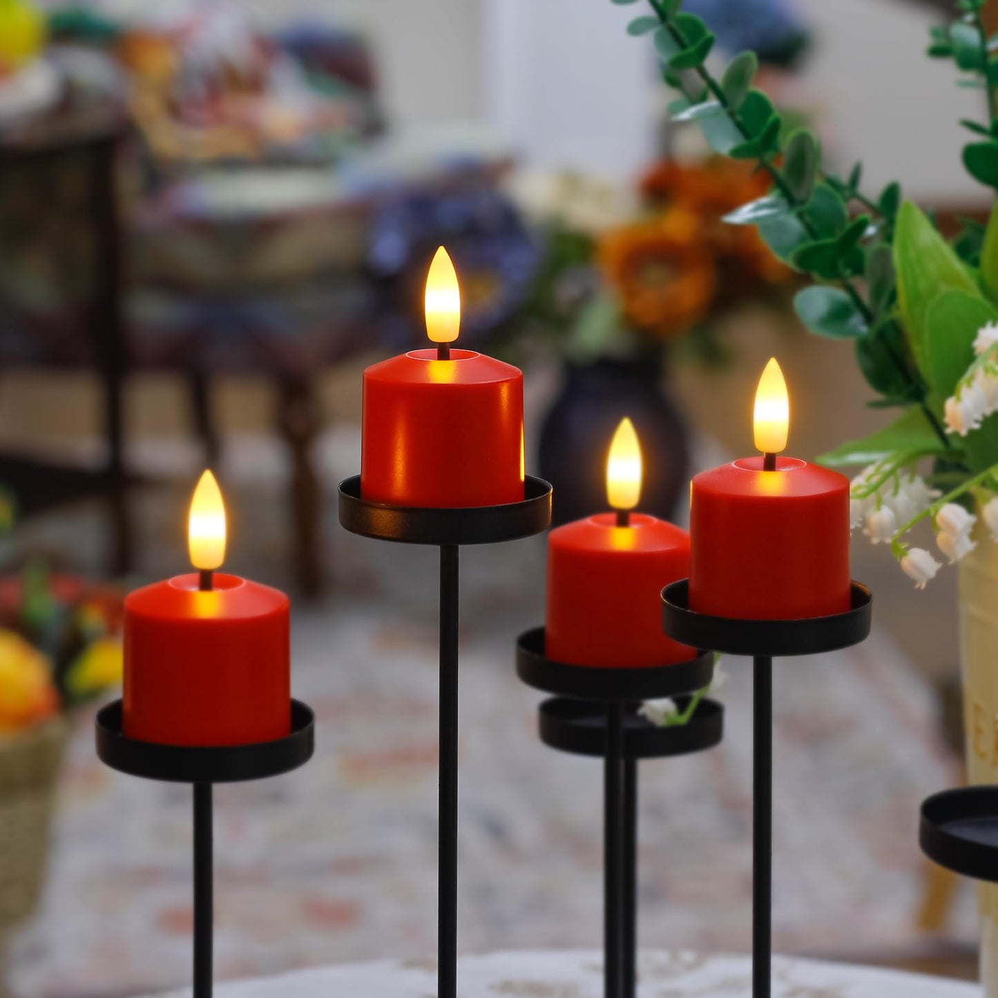 Mavandes Small Flickering Tea Light Flameless Candles with Battery and Remote,1.5" x2.5" Red LED 2/4/6/8H Timer Votive Battery Operated Pillar Plastic Long Lasting 6pcs Tealight Candles