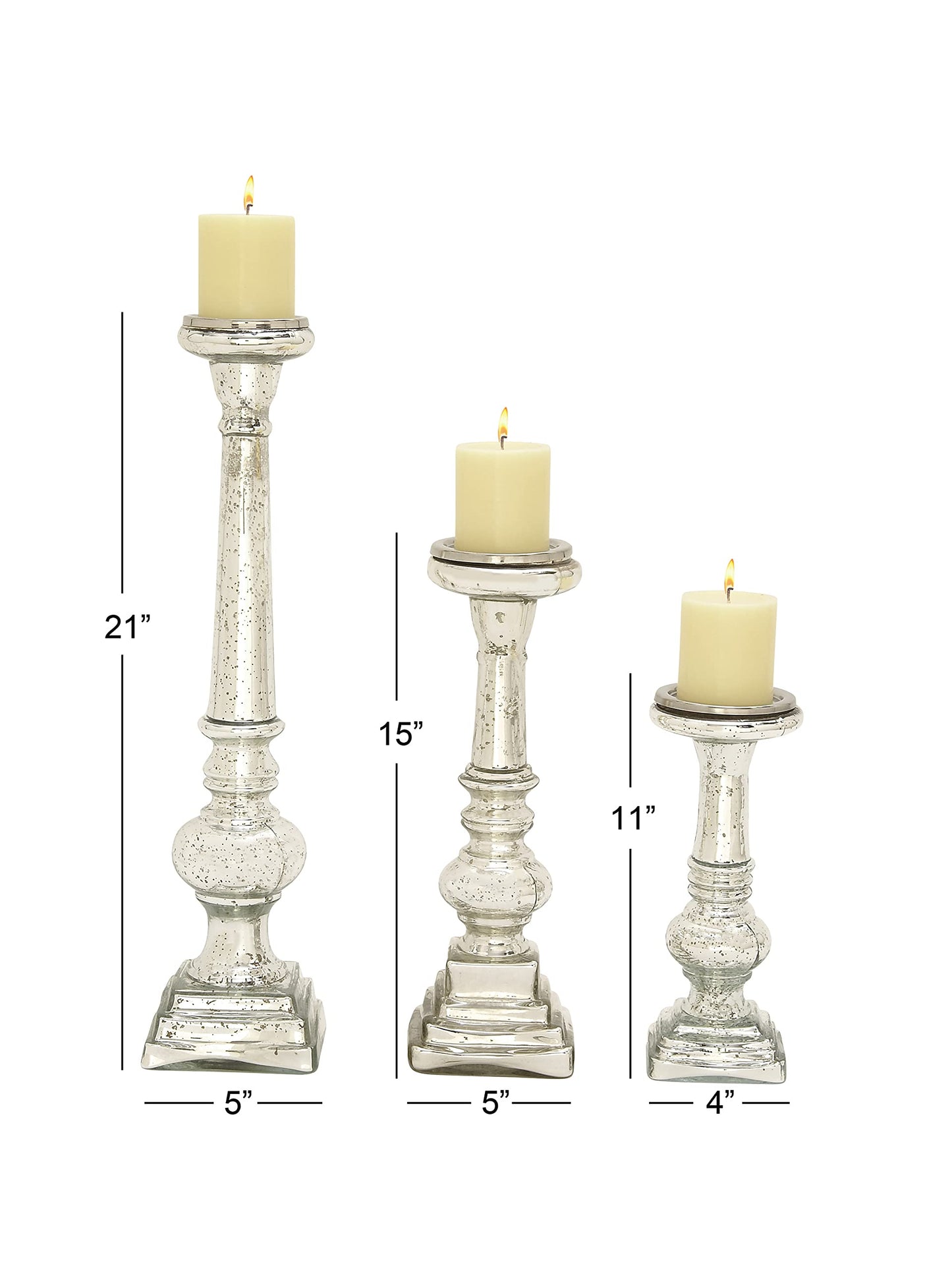 Deco 79 Glass Handmade Decorative Candle Holder Turned Style Pillar Candle Stand, Set of 3 Candlestick Holder 11", 15", 21"H, Silver
