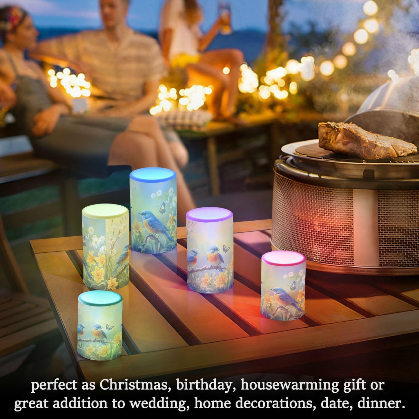 ALAZA Spring Summer Flowers Blue Bird Flickering Flameless Candles Battery Operated with Remote Timer,Tea Light Candles LED Pillar Votive Candles Set of 2 for Outdoor Indoor Decorations