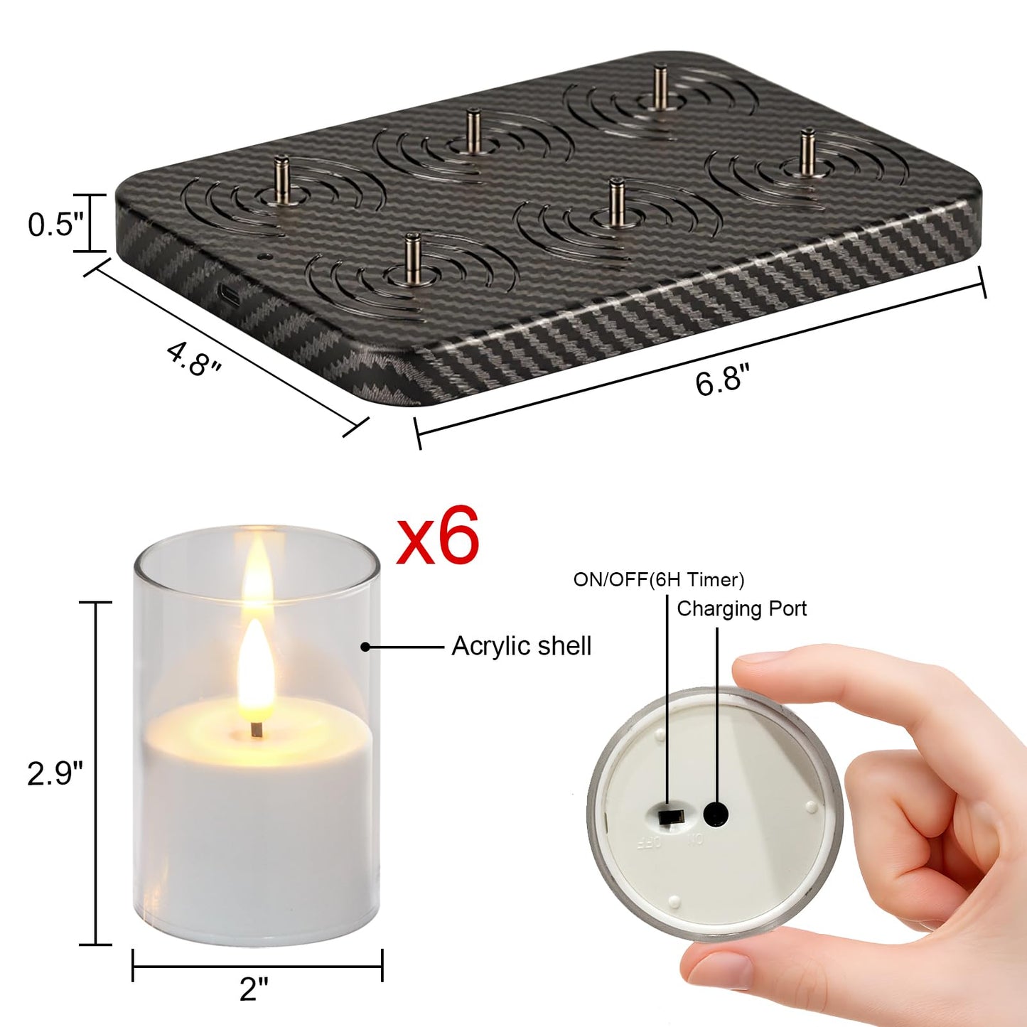 GenSwin Rechargeable Votive Candles Battery Operated, 6 Pack LED Candles with Charging Base, Acrylic Shell Tea Lights with 6H Timer for Halloween Decorations(Clear)