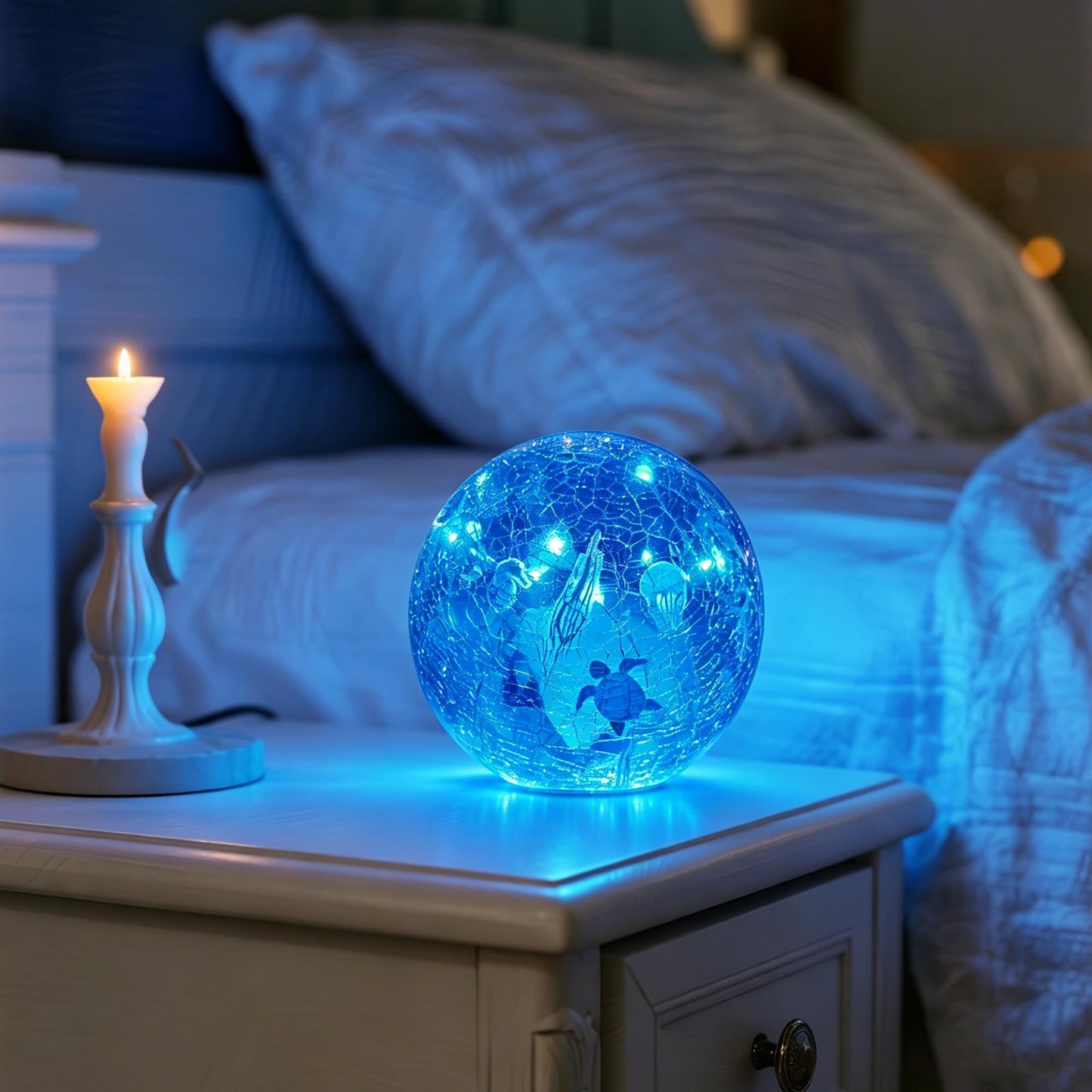 3PCS Summer Decorative Lights, 3.93 Inch Summer Desktop Decoration LED Night Light, Christmas Gift, Birthday Gift, Cracked Glass Ball Light with Timer, Desktop Decoration (Turtle)