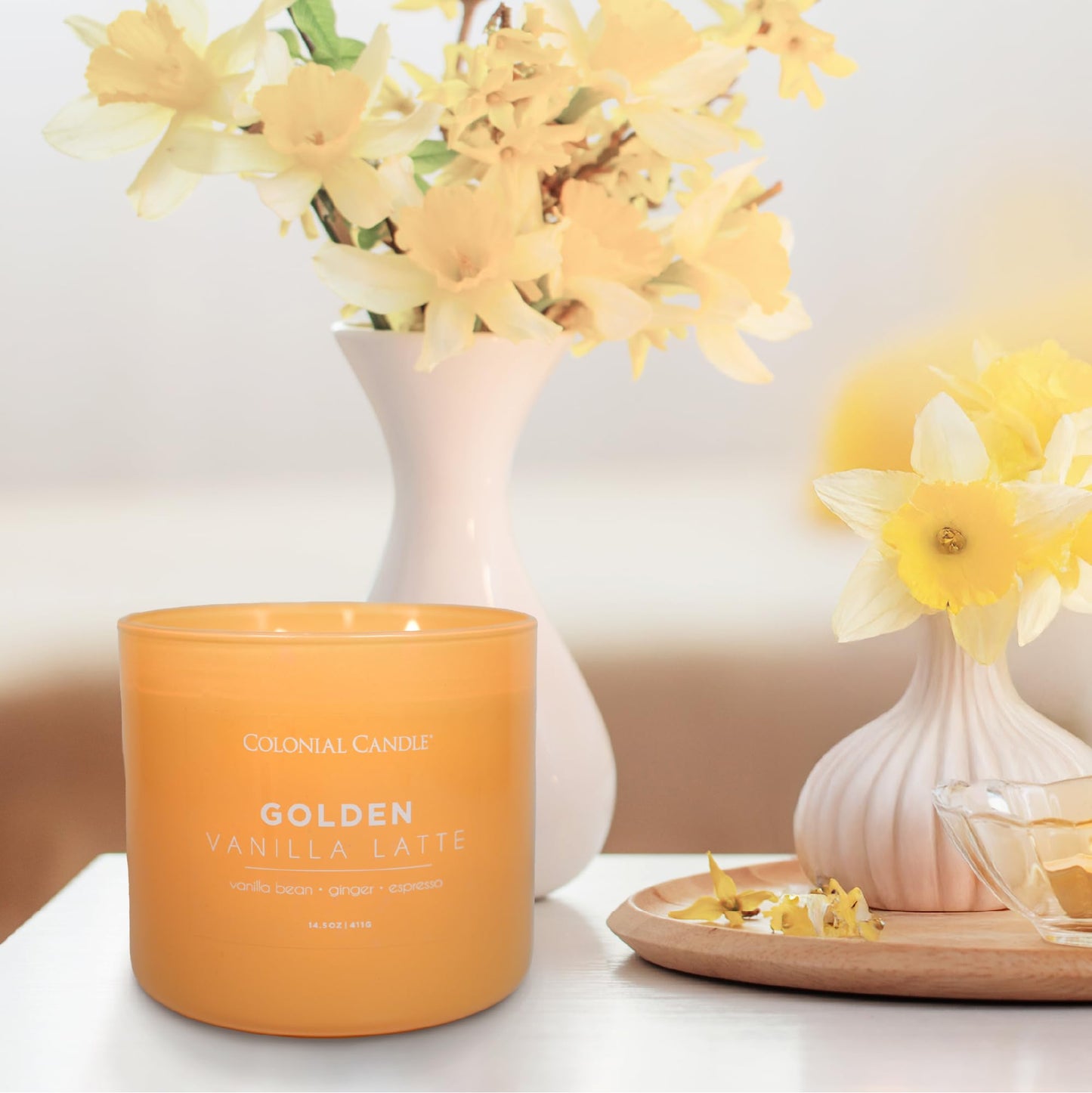 Colonial Candle Golden Vanilla Latte Scented Jar Candle, Pop of Color Collection, 3 Wick, 14.5 oz - Up to 60 Hours Burn