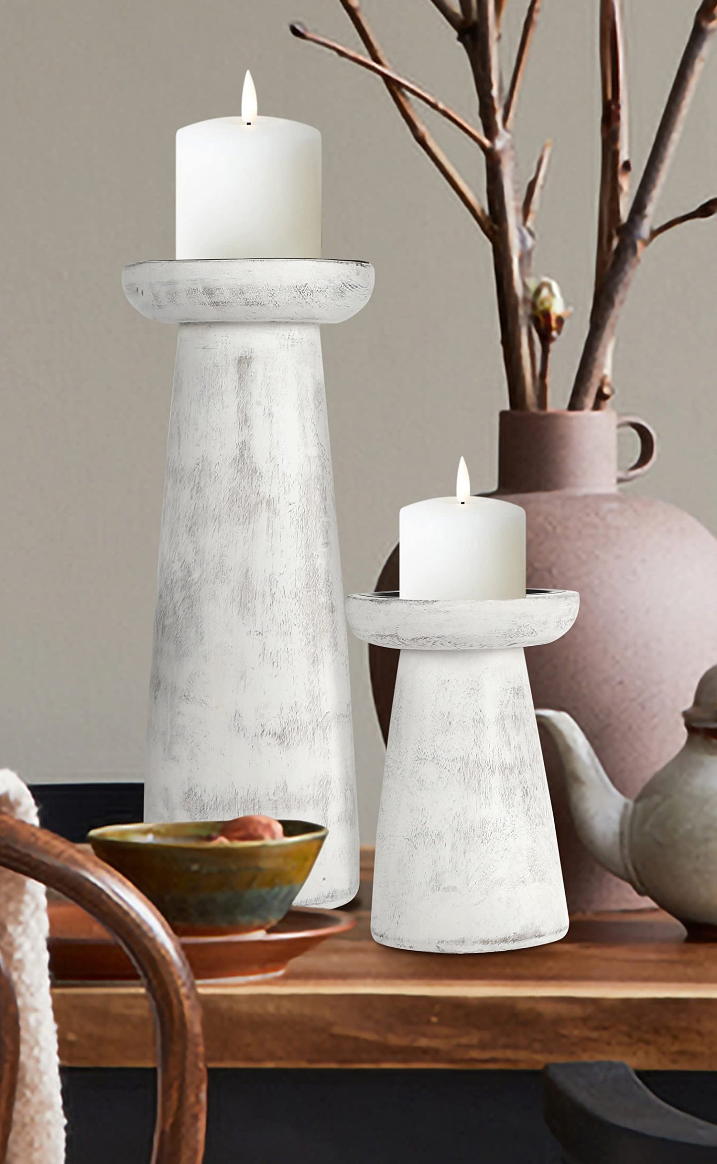 Hand Crafted Wooden Pillar Candle Holder Set of 3, Ideal for LED and Pillar Candle, Gift for Wedding, Christmas, Party, Home, Spa, Reiki, Aromatherapy,Votive Candle Gardens, 10,8,6 Inch, Antique White