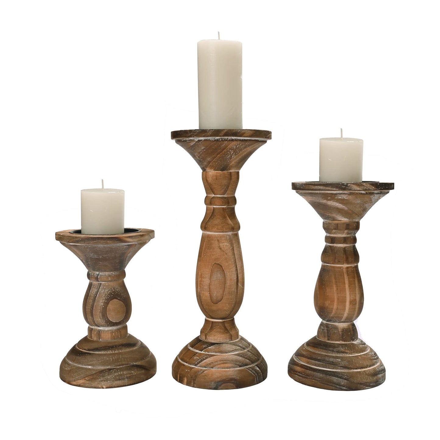 Yorkmills Pillar Candle Holder Set of 3, Farmhouse Decor Living Room Tall Candle Holders for Pillar Candles, Wood Candle Holders for Table Centerpieces Brown Home Decor Kitchen Dining Room Table Decor