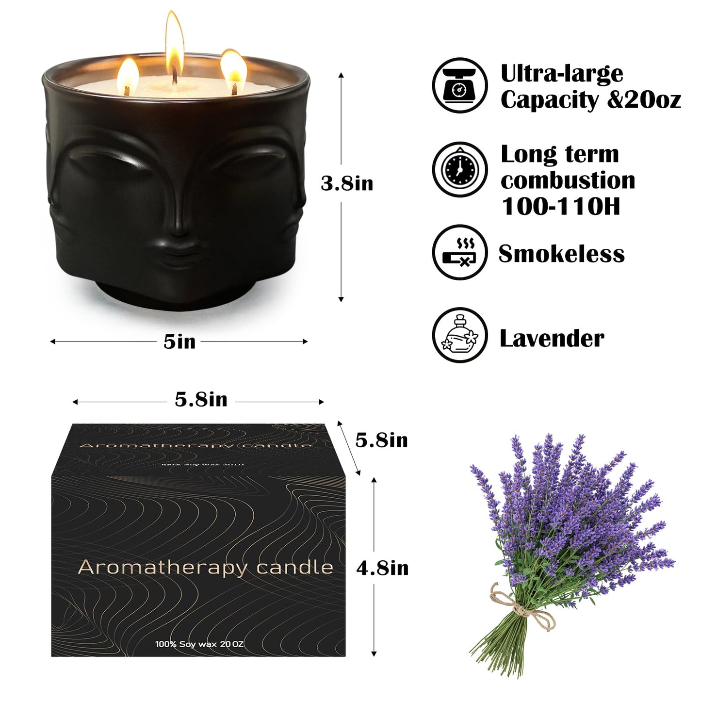 Strong Lavender 3 Wick Black Large Candle, 20oz, Ceramic, Outdoor Scented Candles, 100% Soy, for Home Scented, Yoga, Meditation, Patio, Table Decor, Beautiful Candle Jars