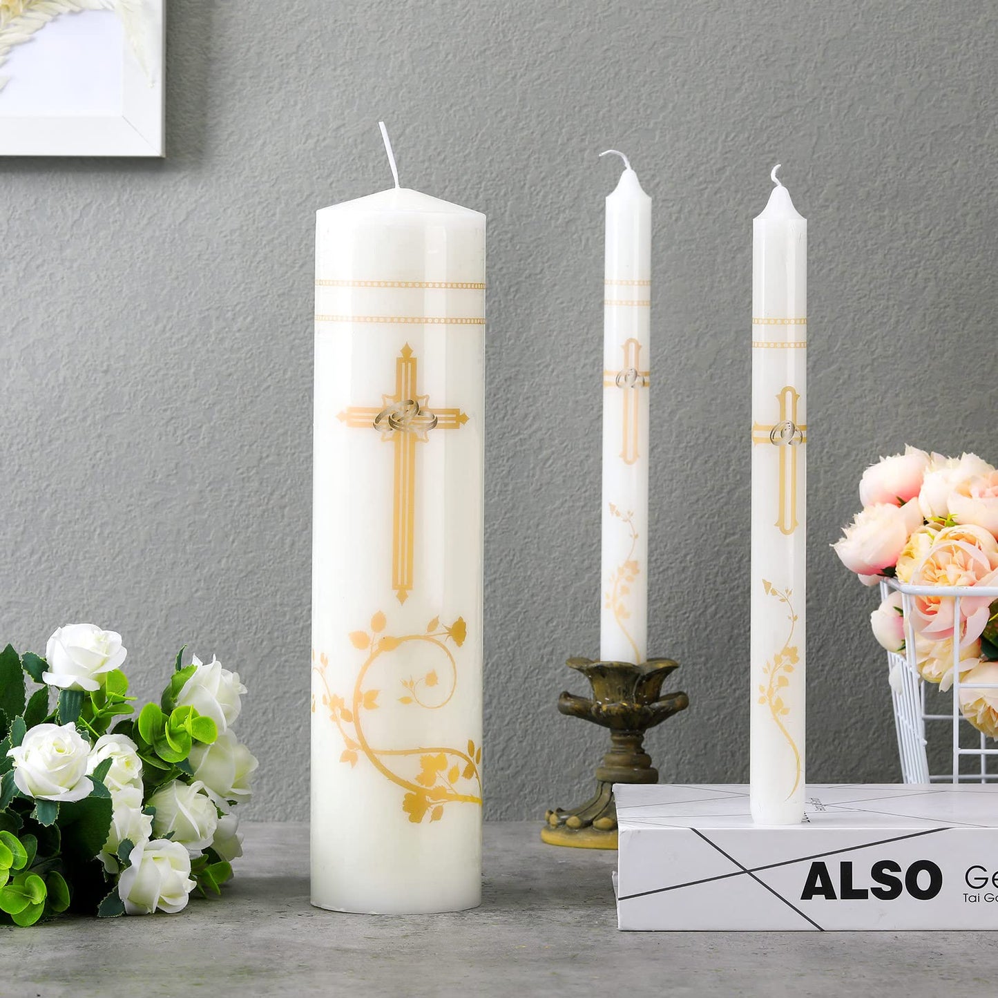 Frienda Unity Candles for Wedding Ceremony Set Wedding Unity Taper Candles Catholic Religious Ceremony Accessories(Retro Style)