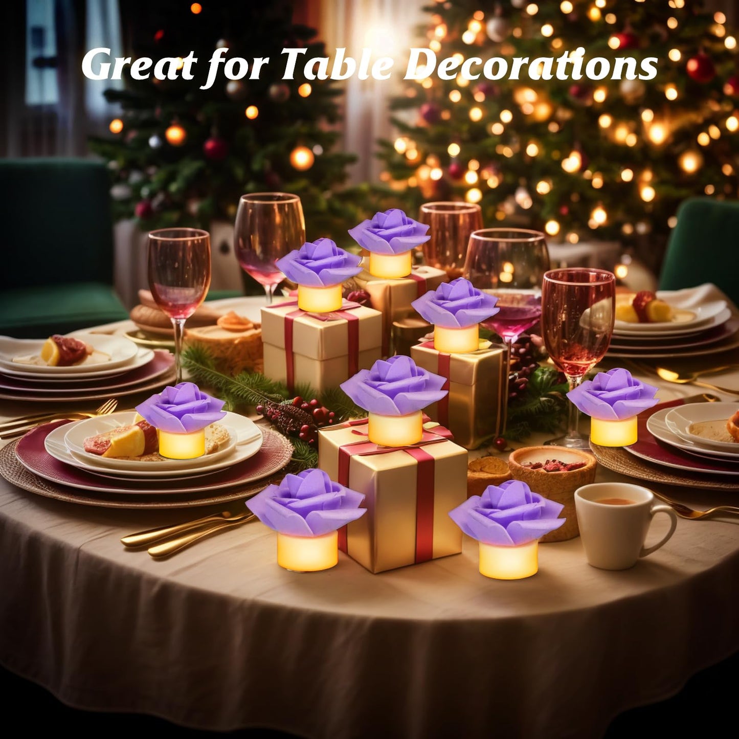 SupBri 12 Pack LED Tea Lights Candles with Artificial Rose Petals, Romantic Flameless Battery Operated Candles for Valentines Wedding Proposals Christmas Decor (Purple)