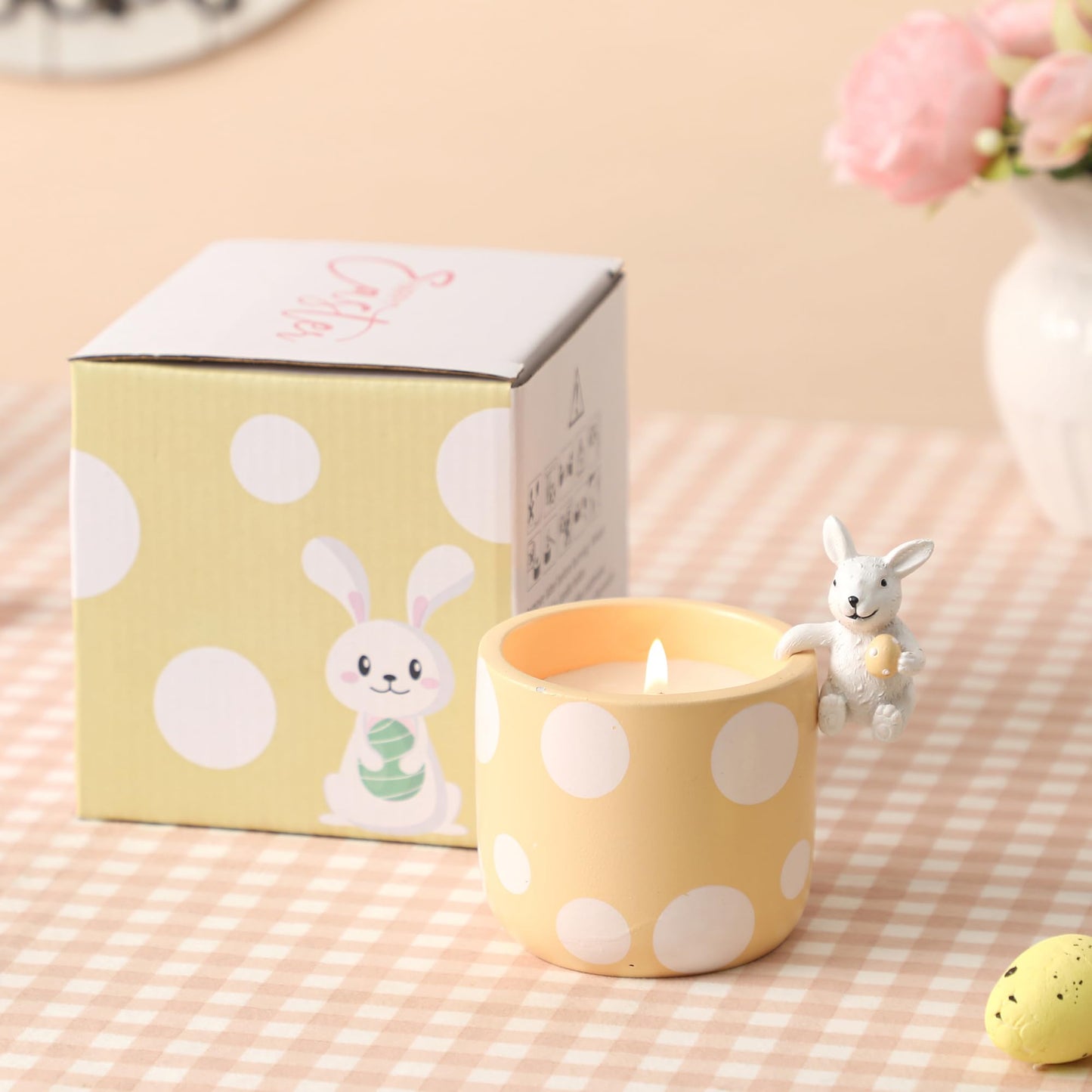 Easter Candles Gifts - Sunflower Scented Candle, Polka Dot Candle with Cute Bunny, Easter Decor Gifts for Kids Teens Adults Women