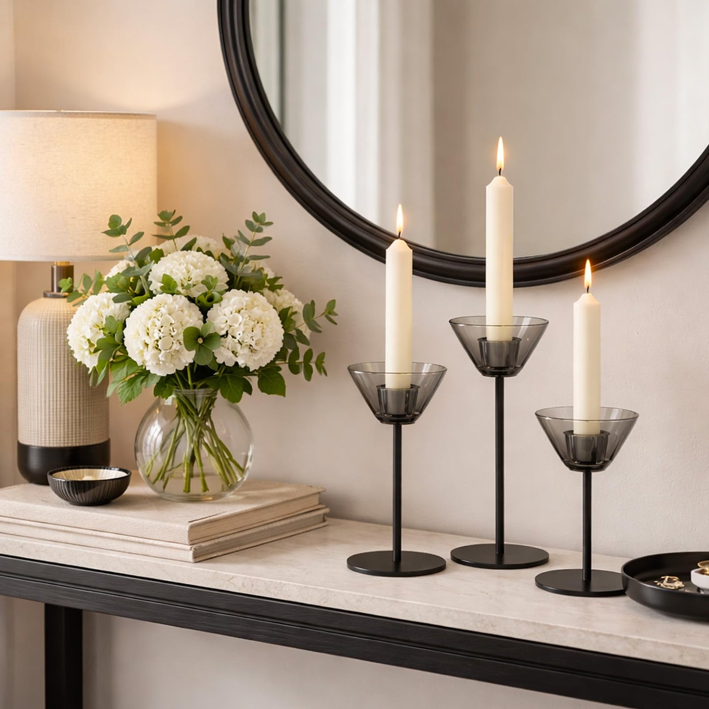 Smytle Smoke‑Gray Candlestick Holders, Set of 3 Smoked Glass Candleholder Sets with Weighted Metal Base, Modern Minimalist Taper Candle Holders for Fireplace Mantel and Table Decor