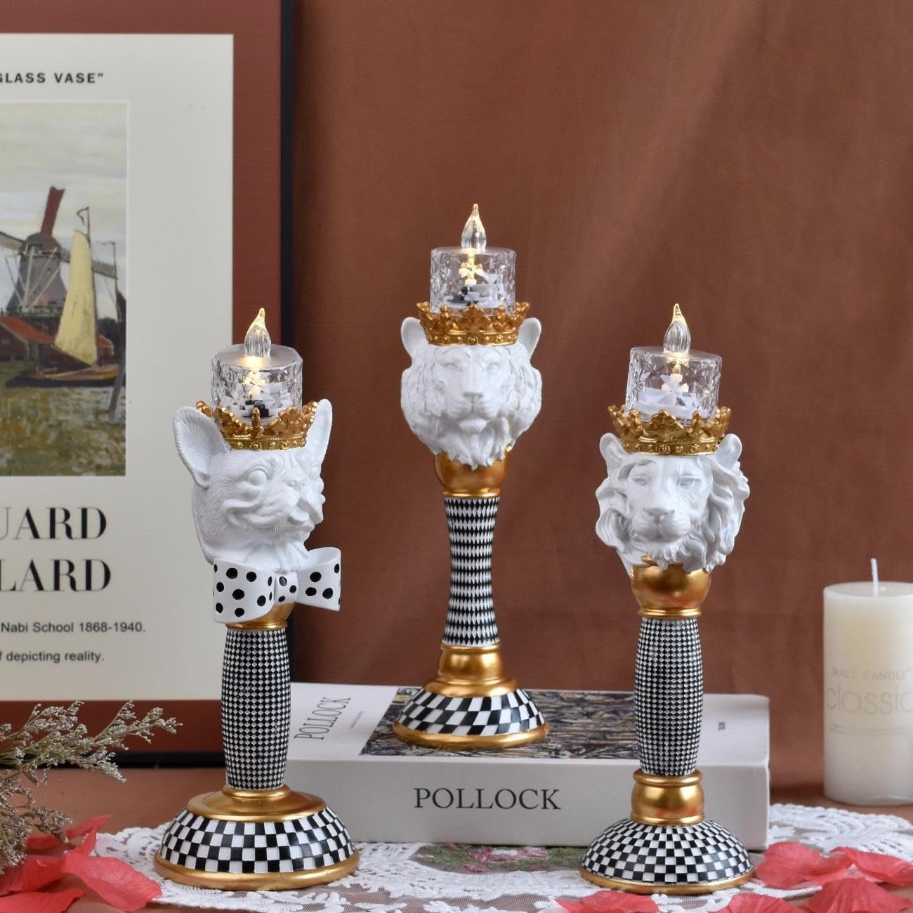 Crowned Animal Candlestick Holder Black & White Checkerboard Taper Candle Holder with Gold Accents Eclectic Resin Statue for Modern Home Decor, Table Centerpiece