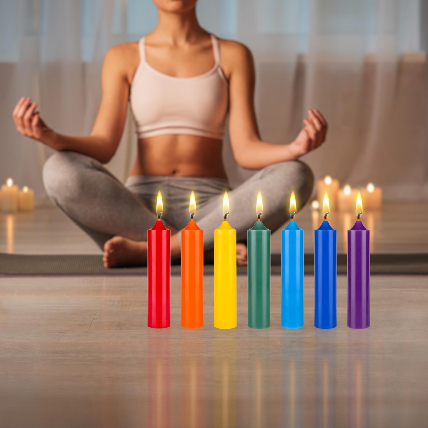 Mega Candles 7 pcs Unscented Bell Top Pillar Chakra Candles, Hand Poured Premium Wax Candle 1.5 Inch x 6.75 Inch, 100% Cotton Wick, Positive Healing Energy, Meditation, Relaxation, Reiki, Yoga
