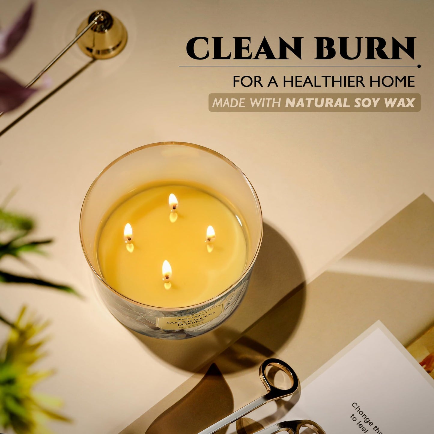 HomeLights Soy Wax Candles for Home Scented, 4-Wick Candles in Sandalwood Jasmine Scented, Industrial Chic Aromatherapy Candles Gift for Parties, Relaxing, 18oz