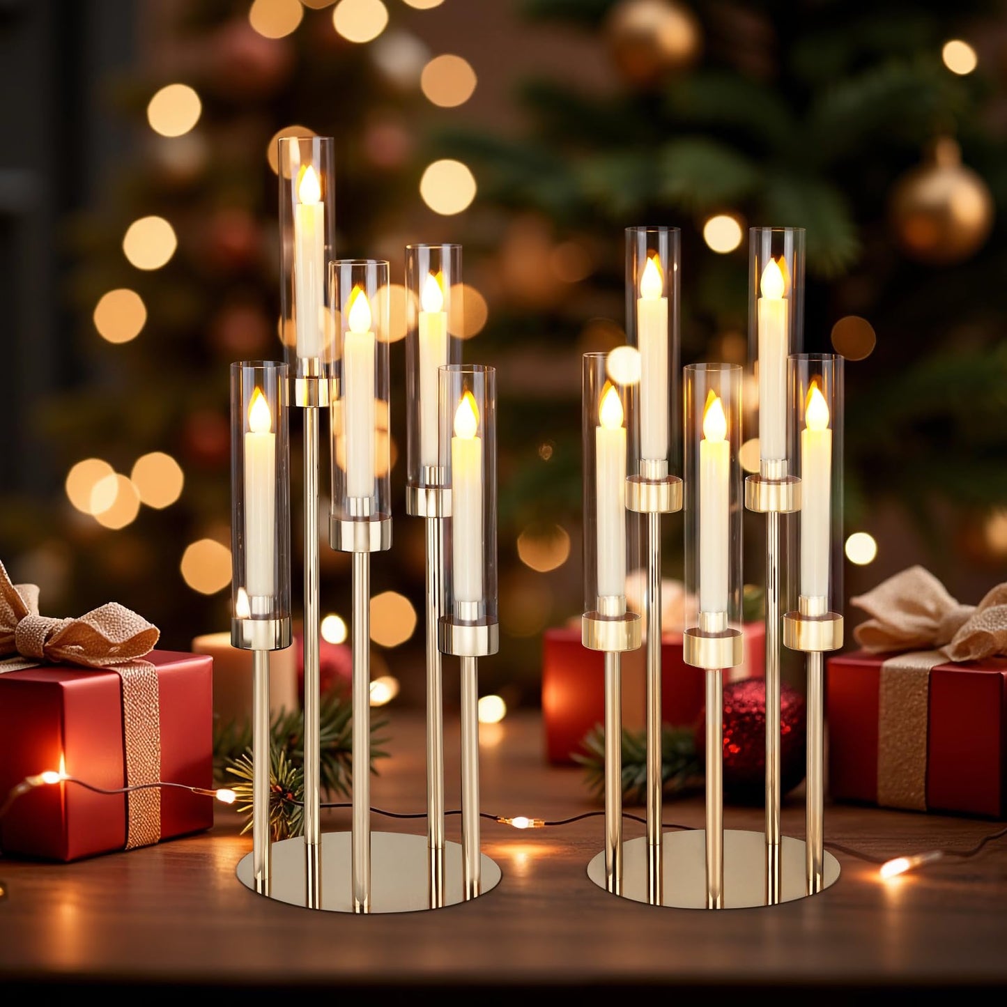 Dyna-Living Gold Candelabra Centerpiece 4 Set 26.8'' Tall Candle Holder Centerpiece for Tables, 5 Arms Candlestick Holders with Acrylic Lampshade, Gold Candelabra Floor Stands for Wedding Party Home