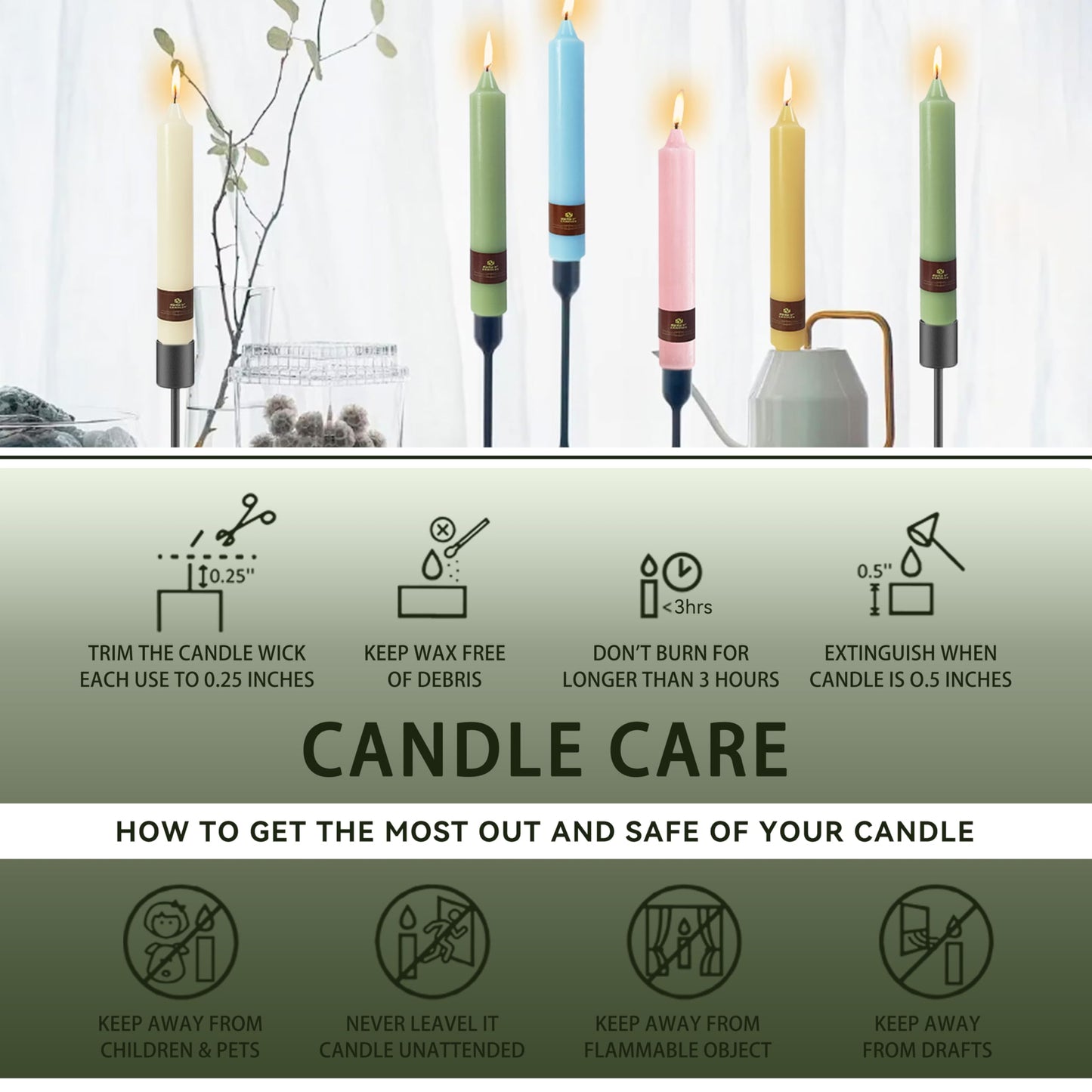 Olive Green Taper Candles Sticks Unscented 9 inch Tapered Candle Ideal as Dinner Smokeless Long Burning Candlesticks for Weddings Dinner Party Home Decor
