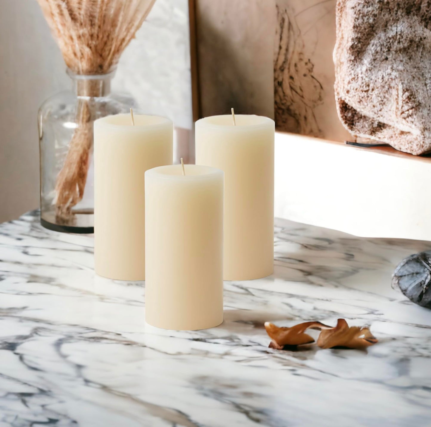 Mister Candle Dripless Vanilla Scented Ivory Pillar Candles Set of 3, Hand Made Vanilla Pillar Candles with Essential Oils for Home Decor, Premium Wax, 80 Hr Burn Time (3x6 inch)