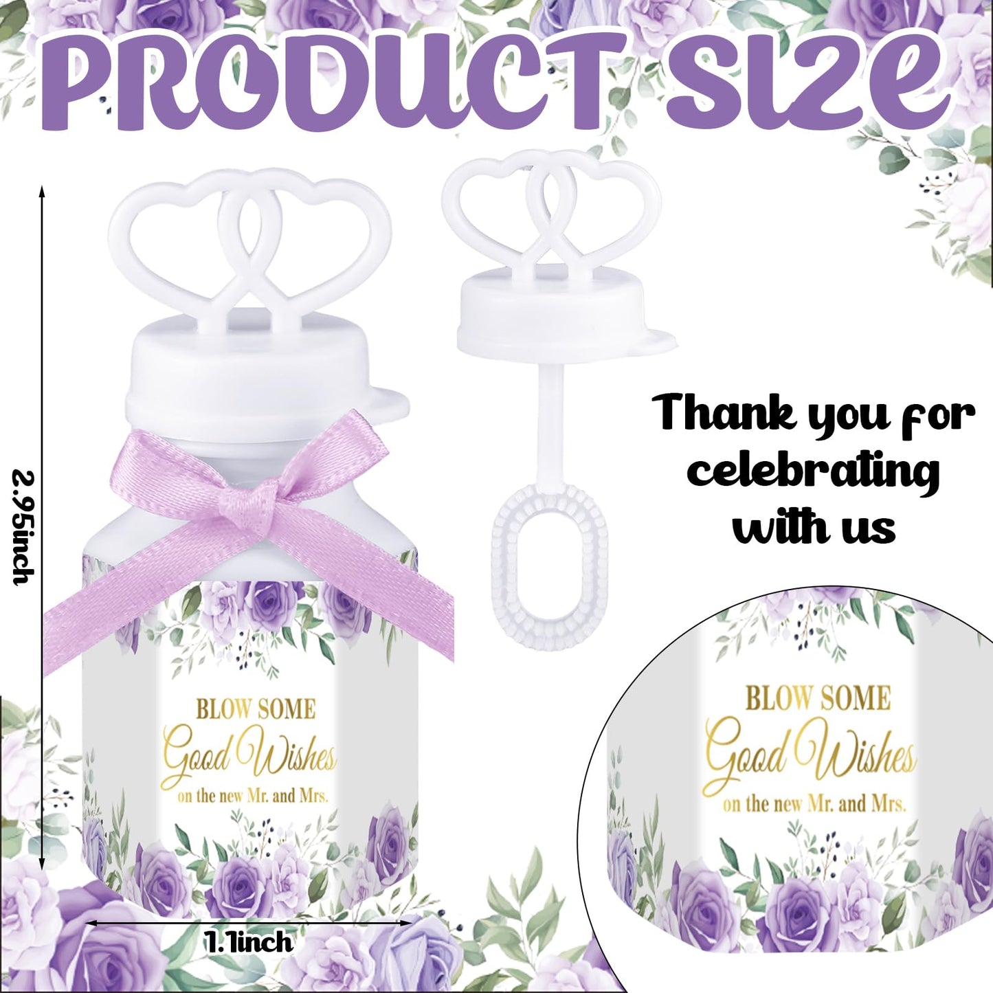 LaRandom 150 Pcs Purple Floral Wedding Bubbles Bulk with Bubble Solution Wedding Mini Bubble Gifts Mini Heart Wand for Anniversary, Engagement, Bridal, Valentine's Day, Gift for Adult Couple
