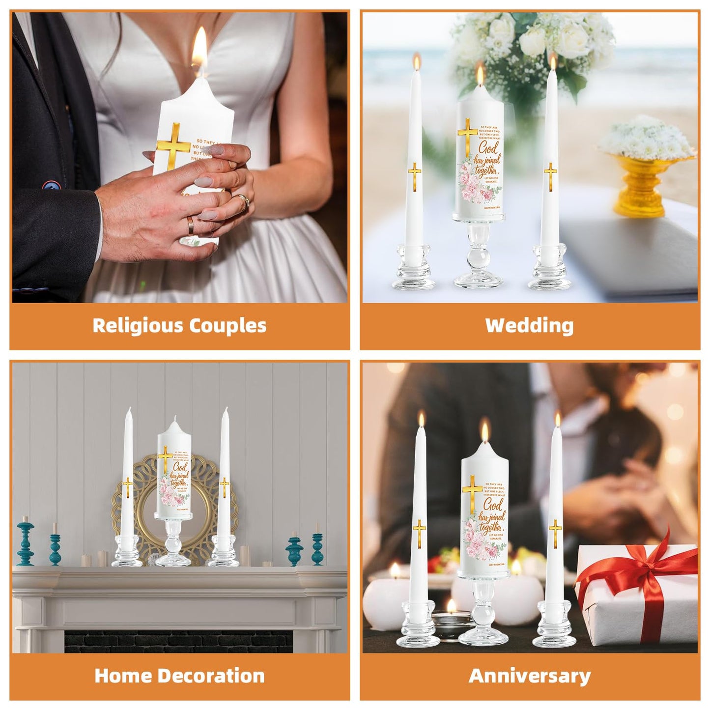 Musgsfbbs Wedding Candles for Ceremony with Glass Holders, Unity Wedding Candle Set with Matthew 19:6 & Gold Cross, Floral Pillar Candles for Catholic Wedding, Anniversary & Vow Renewal