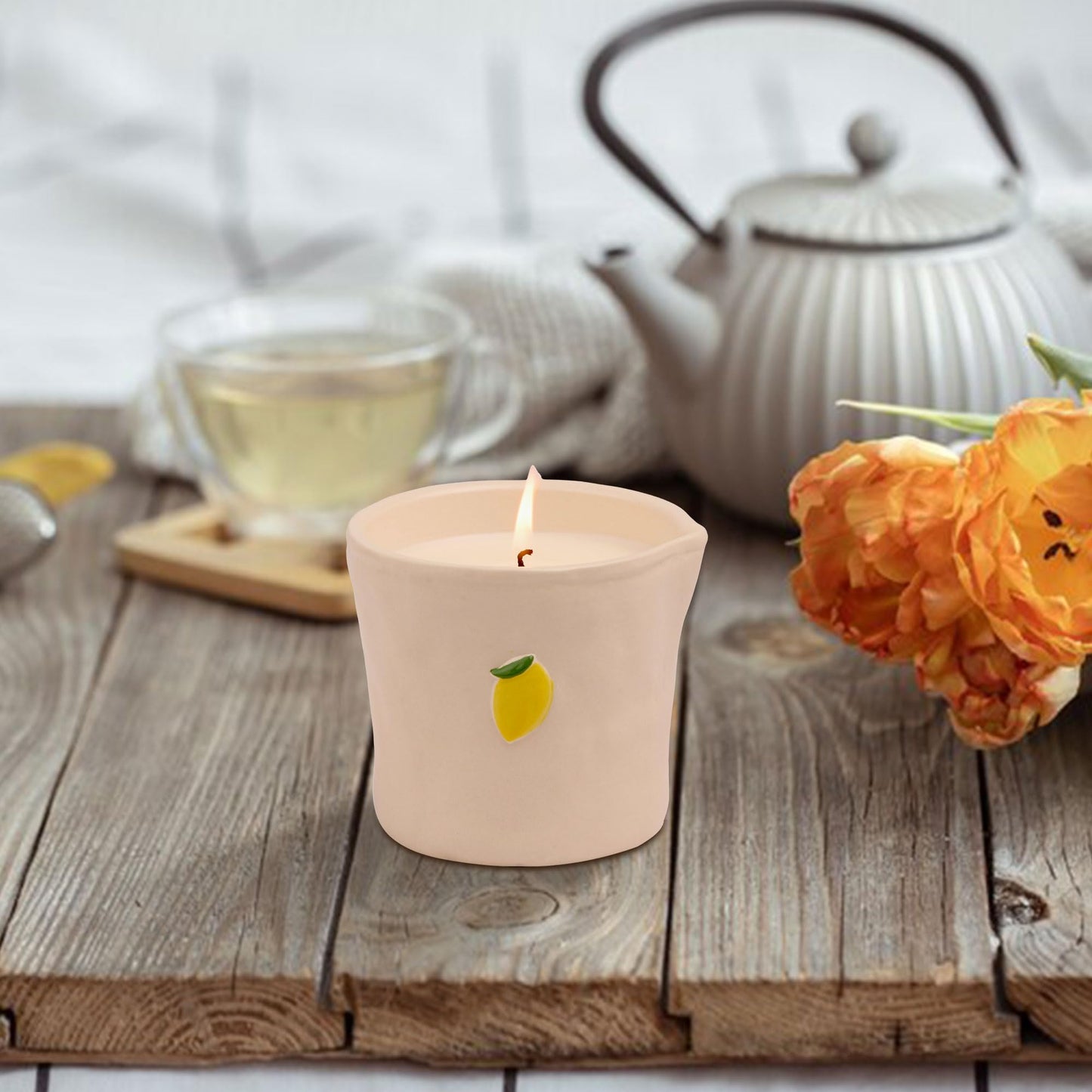 Paddywax Bistro Hand Painted Scented Candle in Ceramic Reusable Food-Safe Jar with Gift Box, Soy Candle with Approx. 56 Hour Burn Time, Meyer Lemon, 8 oz