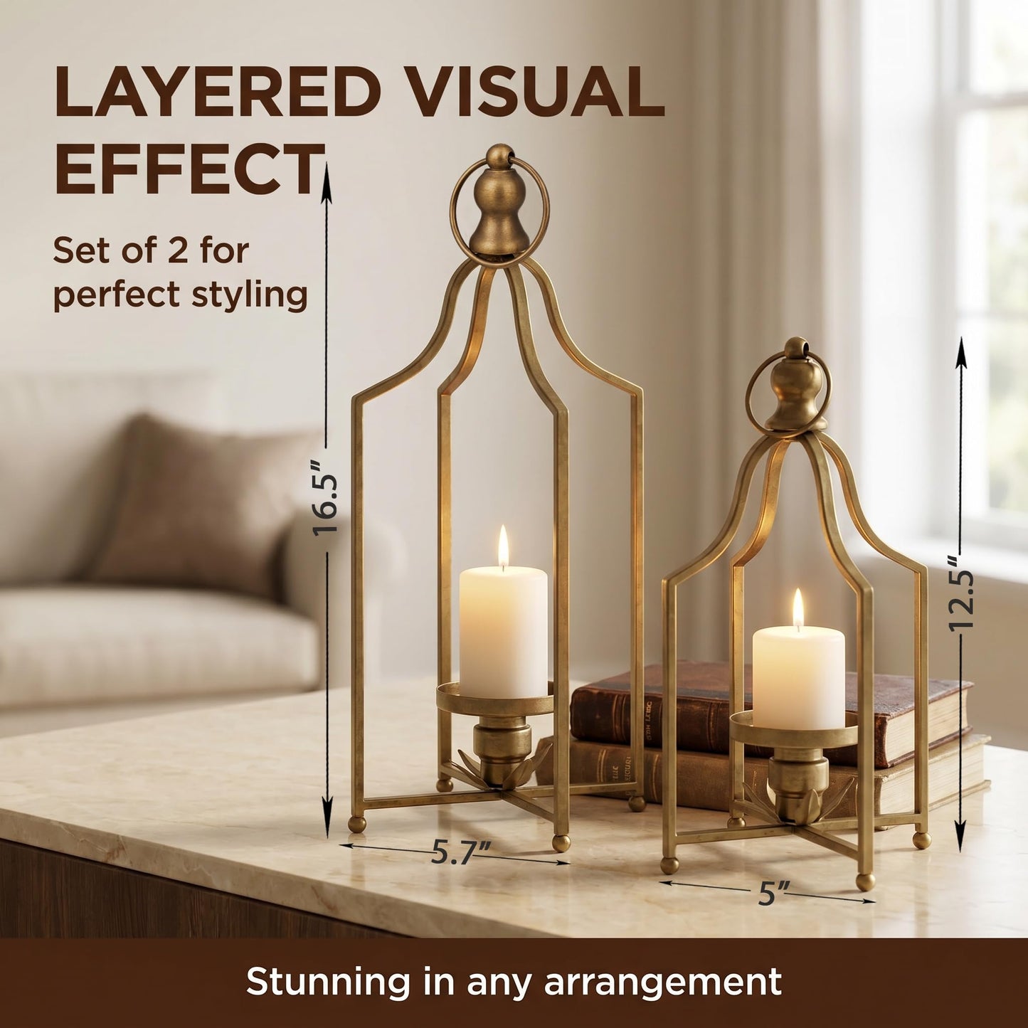 12.5" & 16.5" Timeless Cozy Decorative Lanterns Set of 2, Handcrafted Metal Iron Candle Holders, Farmhouse Elegance Fireplace Mantel Table Festive Gatherings Decor (Antique Gold)