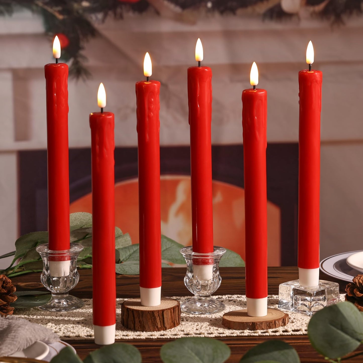 Girimax Red Dripping Wax Flameless Taper Candles with Remote, Flickering Battery Operated LED Candlesticks Valentines Decor Set of 6