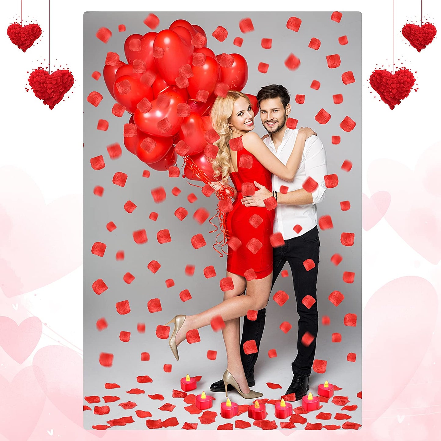 Honoson 1000 Pieces Artificial Rose Petals with 24 Pcs Flameless Heart Shaped LED Tealights Candles Special Romantic Night Decorations for Proposal Wedding Anniversary Table Decor(Red)