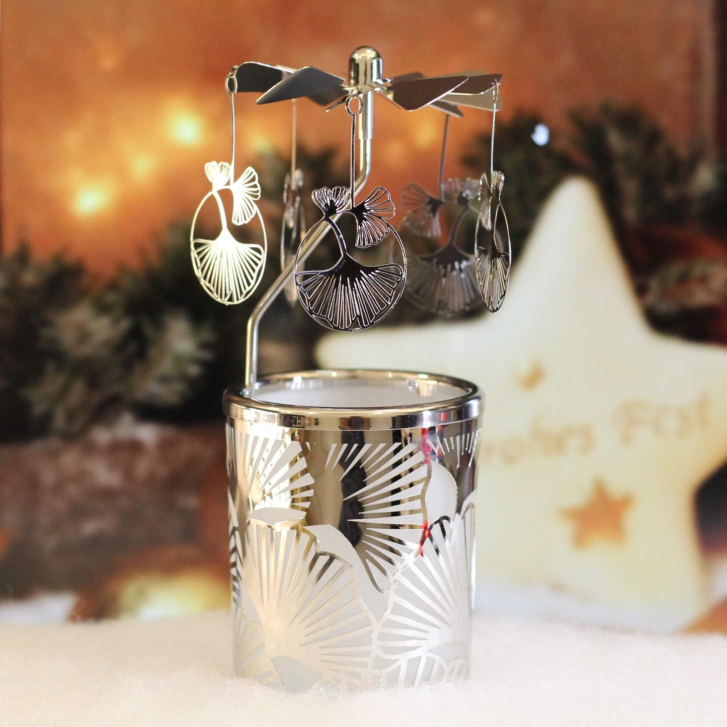 Candle Carousel Rotary Candle Holder Christmas Carousel Spinning Tealight Candleholder Christmas Decoration Centerpieces for Tables Valentine Easter (Gold Ginkgo Leaf)