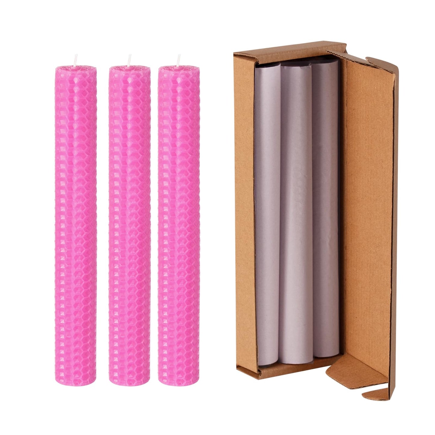 KONNI Pink Beeswax Taper Candles, 0.87 inch x 7.87 inch Hand-Rolled, Unscented, Smokeless Beeswax, Long Burning Time, Flat Top (Pack of 3), for Weddings, Dinner Parties, Spas, and Home Decor