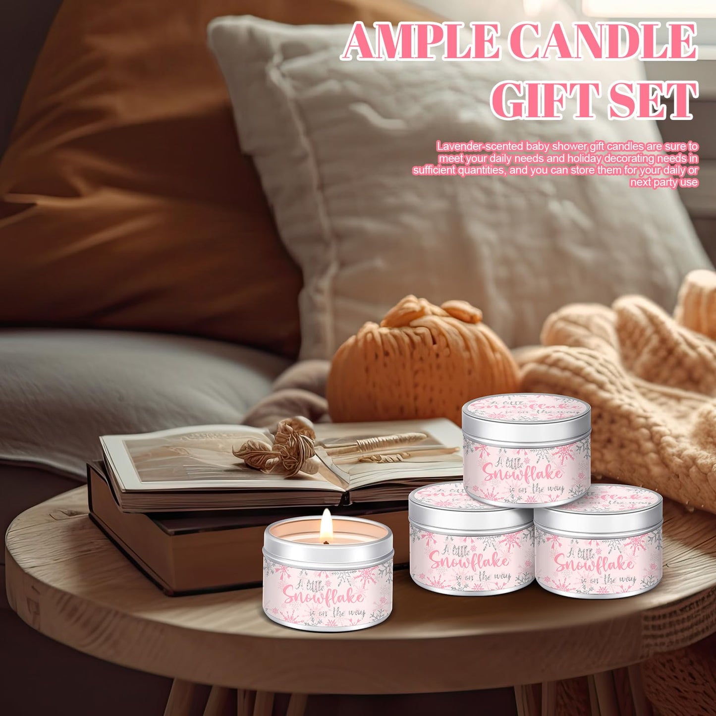 MTLEE 24 Pcs Snowflakes Baby Shower Party Favors Candles Lavender Scented Baby Shower Favors for Guests Rustic Tealights Candles Gender Reveal Return Gifts (1.2 oz, Pink)