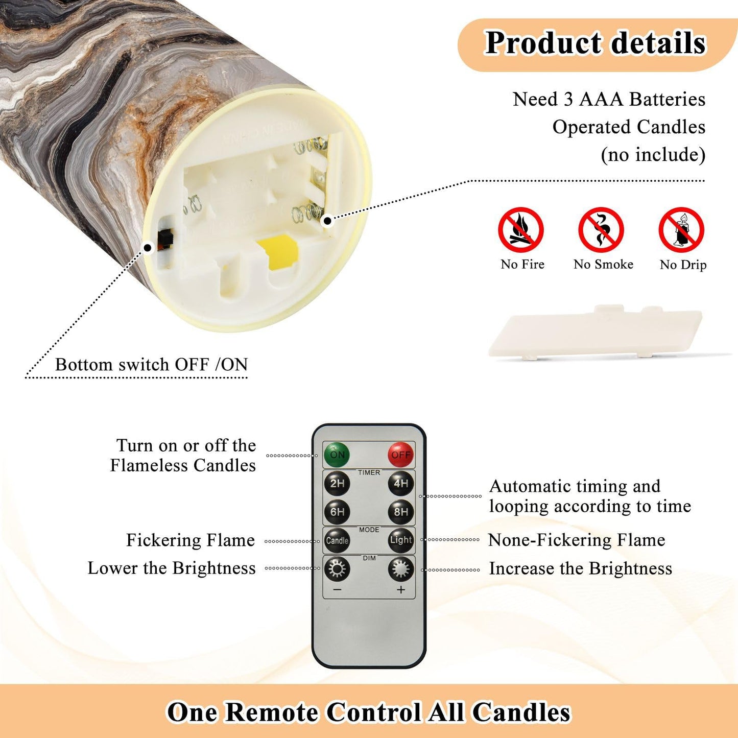 ZRYSMY Abstract Brown Gray Marble Flameless LED Candles with Remote and Timer - 5.9”x3”, 2 Pack, Battery-Operated Flickering Pillar Candles for Home Decor Christmas