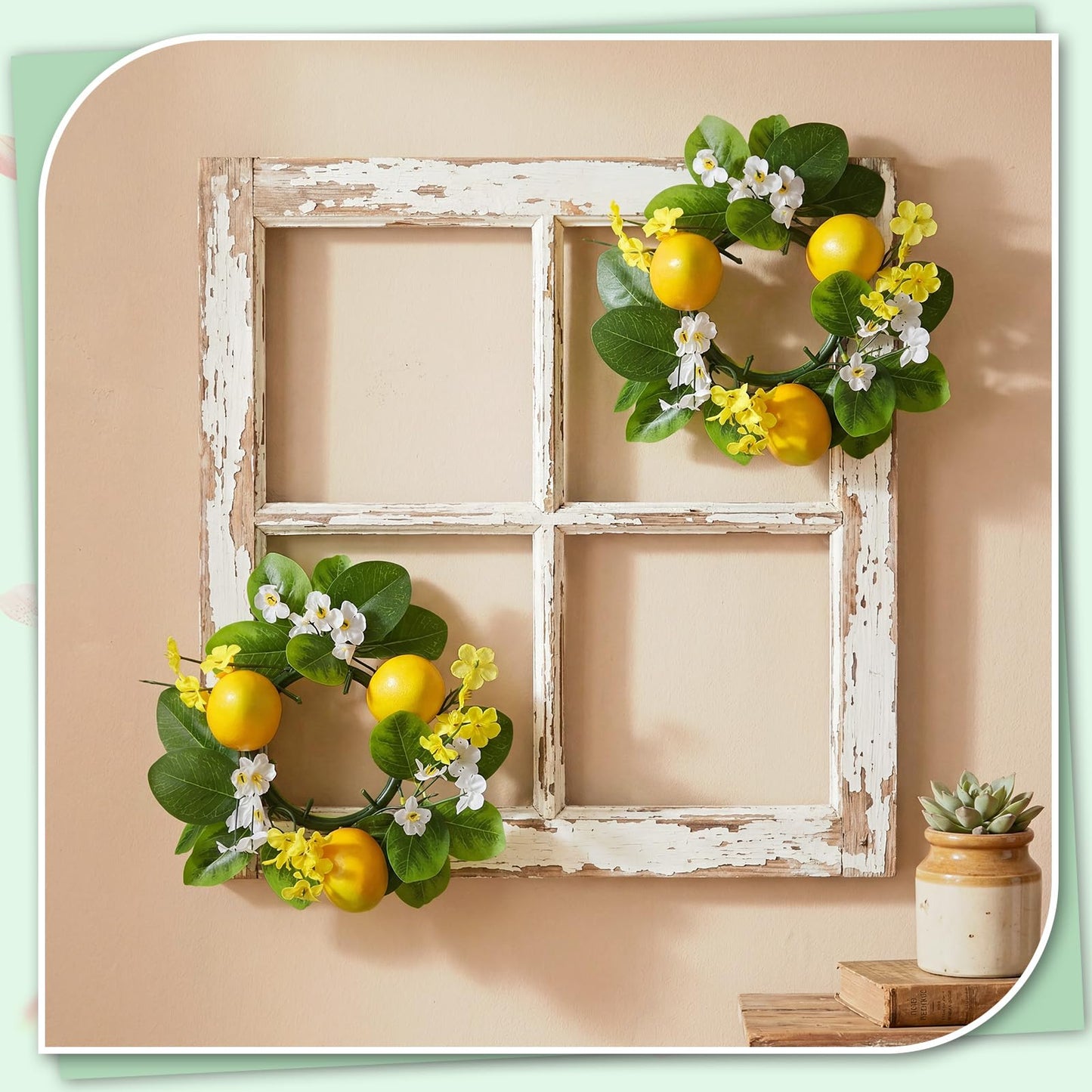 Yunlly 4 Pcs Artificial Lemon Candle Rings Wreaths Decorative Greenery Candle Holder with Yellow Lemons and White Flowers with LED Flameless Candles for Farmhouse Summer Wedding Home Table Centerpiece