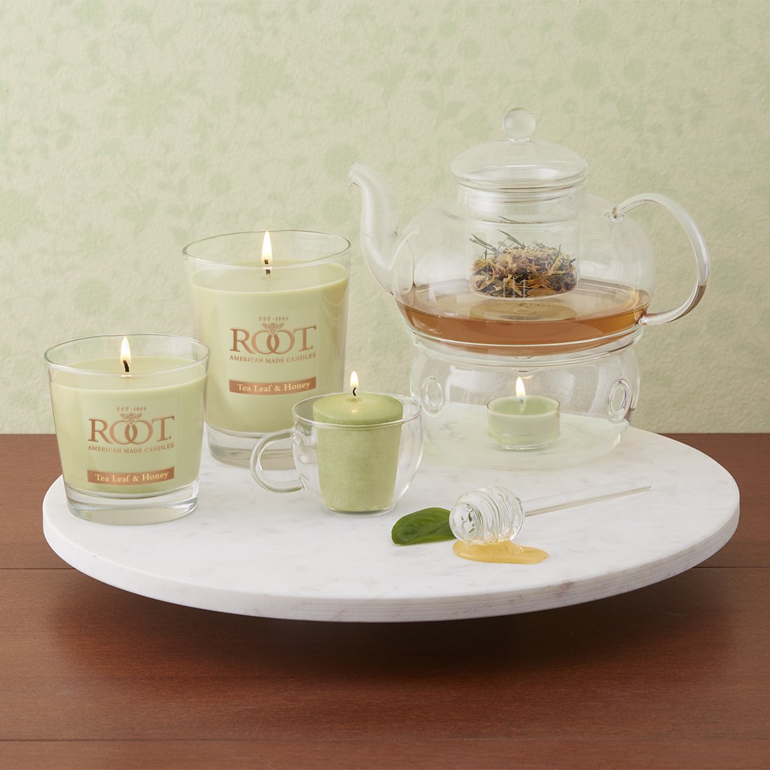 Root Candles Scented Candles Honeycomb Veriglass Premium Handcrafted Beeswax Blend Candle, Small, Tea Leaf & Honey