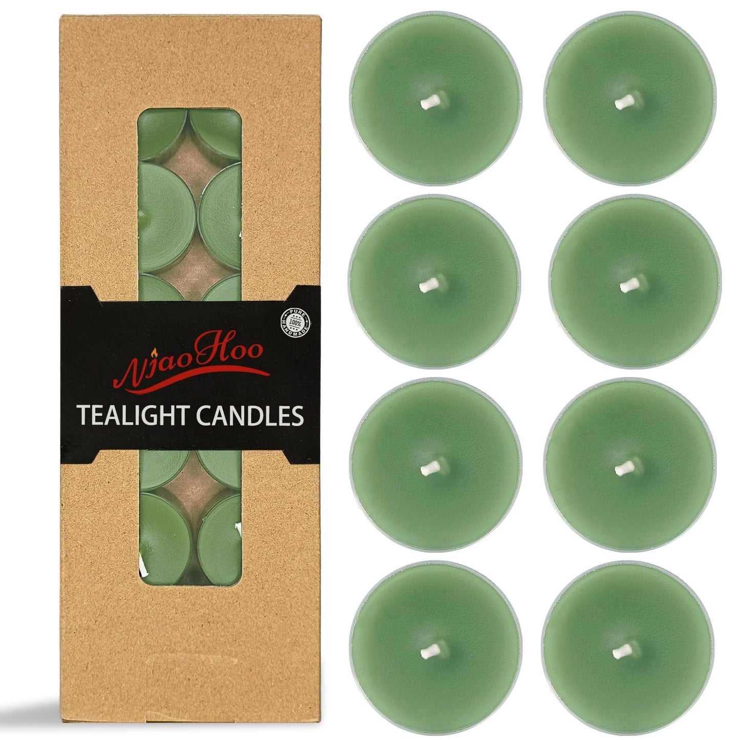 NJAO HOO 24 Pack Sage & Sea Salt Scented Tealight Candles 6 Hours Burn Grass Green Tea Candle Clear Cup Small Round Candle for Home Decor and Aromatherapy