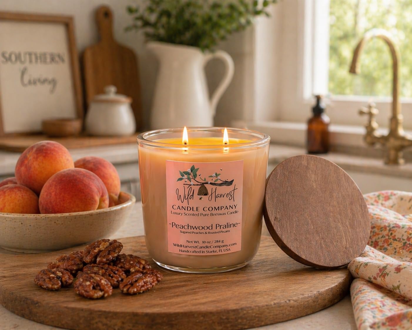 Peachwood Praline Scented Pure Beeswax Candle – Sugared Peach & Roasted Pecan Scent – 10 oz Luxury Handcrafted Candle in Peach Glass Jar – Double Wick Clean Burning Candle - Made in USA