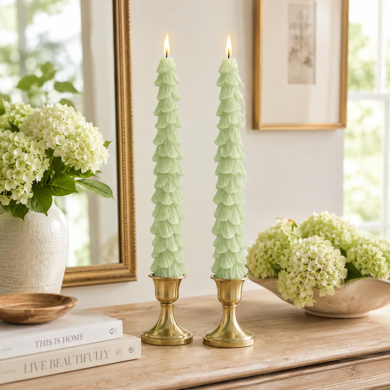 Tree Taper Candles Set of 2, 10 Inch Frosted Sage Handmade Candle Stick, Unscented Candlesticks, Tapered Candles for Holiday Dinner Table Decor Gift