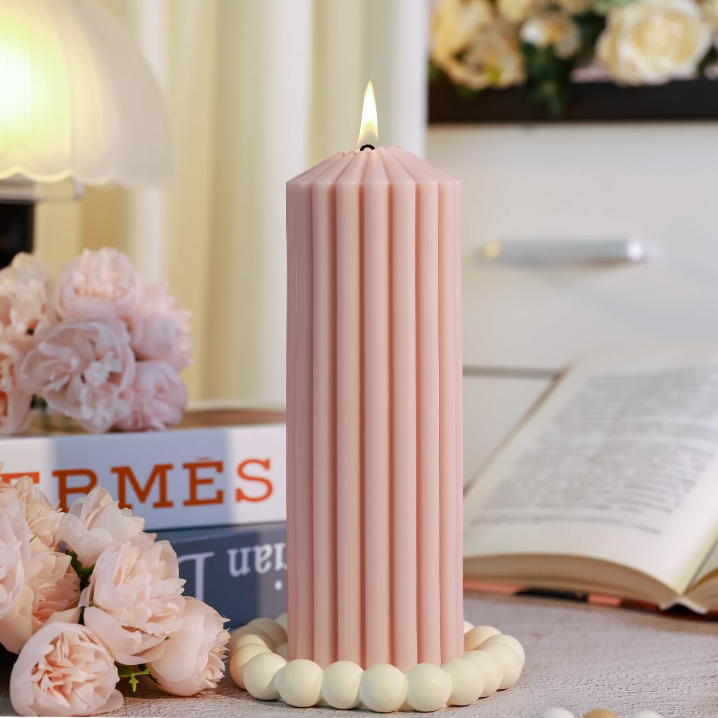 Pink Ribbed Pillar Candle Set of 3 - Wild Bluebell Scented Soy Wax Candle,Aesthetic Decorative Textured Pillar for Home Decor-2.8x4,6,8in Long Lasting Fragrance for Mother’s Day Gifts,Spa,Wedding