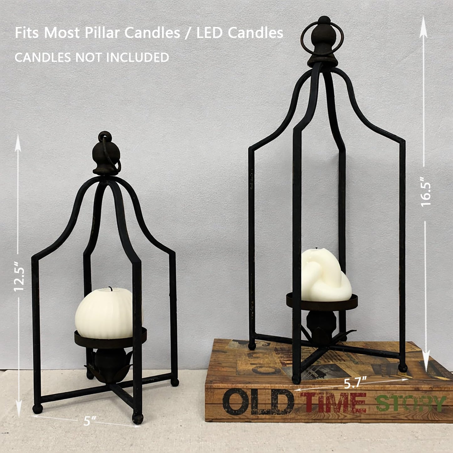 12.5" & 16.5" Timeless Cozy Decorative Lanterns Set of 2, Handcrafted Metal Iron Candle Holders, Farmhouse Elegance Fireplace Mantel Table Festive Gatherings Decor (Matte Black)